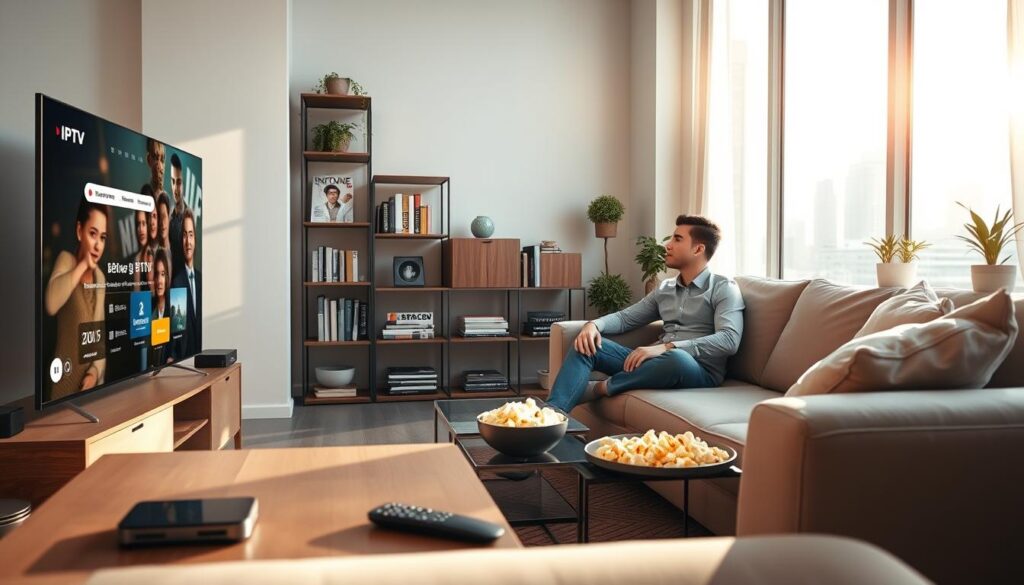 A modern living room scene, illuminated by soft, natural lighting streaming through a large window. In the foreground, a sleek television displaying colorful IPTV interface with various channels. There’s a stylish coffee table with a remote control and a bowl of popcorn. In the middle, a young adult in professional casual attire is comfortably seated on a plush sofa, focused on the TV. Bookshelves filled with tech magazines and decorative plants create a cozy ambiance. In the background, hints of a city skyline are visible through the window, suggesting an urban setting. The mood is relaxed and inviting, capturing the essence of easy access to IPTV services. A modern living room scene, illuminated by soft, natural lighting streaming through a large window. In the foreground, a sleek television displaying colorful IPTV interface with various channels. There’s a stylish coffee table with a remote control and a bowl of popcorn. In the middle, a young adult in professional casual attire is comfortably seated on a plush sofa, focused on the TV. Bookshelves filled with tech magazines and decorative plants create a cozy ambiance. In the background, hints of a city skyline are visible through the window, suggesting an urban setting. The mood is relaxed and inviting, capturing the essence of easy access to IPTV services.