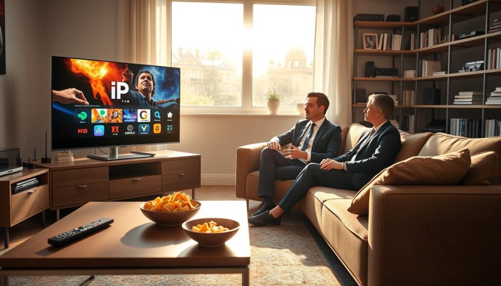 A modern living room scene representing a cozy and inviting atmosphere, with a sleek TV displaying vibrant digital content related to IPTV services. In the foreground, a stylish coffee table holds a remote control and a bowl of snacks. The middle ground features a comfortable couch with two individuals dressed in professional business attire, engaged in a discussion about their viewing experience. Sunlight streams through a large window, casting warm, natural light across the room. The background showcases a well-decorated shelf filled with electronics and books, subtly hinting at the evolution of technology since 2018. The overall mood is friendly and informative, emphasizing a blend of leisure and technology in a contemporary French setting. A modern living room scene representing a cozy and inviting atmosphere, with a sleek TV displaying vibrant digital content related to IPTV services. In the foreground, a stylish coffee table holds a remote control and a bowl of snacks. The middle ground features a comfortable couch with two individuals dressed in professional business attire, engaged in a discussion about their viewing experience. Sunlight streams through a large window, casting warm, natural light across the room. The background showcases a well-decorated shelf filled with electronics and books, subtly hinting at the evolution of technology since 2018. The overall mood is friendly and informative, emphasizing a blend of leisure and technology in a contemporary French setting.