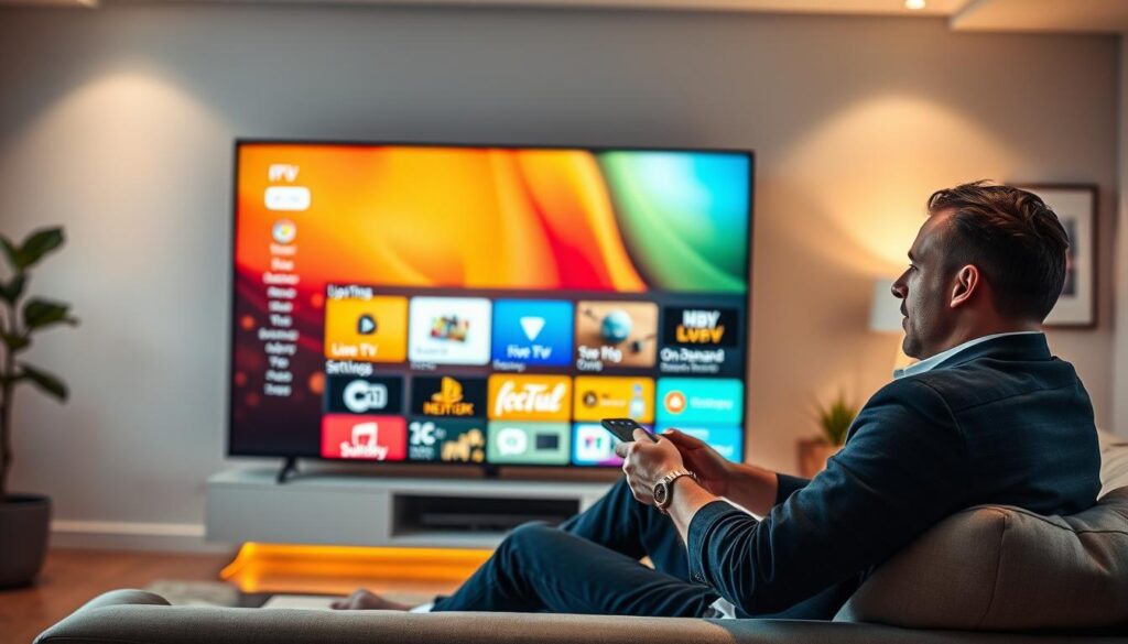 A modern living room scene showcasing a sleek IPTV application interface on a large flat-screen television, with a user navigating through advanced features. In the foreground, a person dressed in smart casual attire is sitting on a comfortable couch, their expression focused as they interact with a remote control. The middle layer features the vividly displayed IPTV menu with categories like "Live TV," "On-Demand," and "Settings," highlighted with dynamic colors and icons. In the background, ambient lighting creates a cozy atmosphere, with stylish decor like bookshelves and artwork. The scene conveys a sense of innovation and convenience, emphasizing the advanced functionalities of IPTV in a contemporary home setting. The image has soft, warm lighting to enhance a relaxed yet sophisticated mood. A modern living room scene showcasing a sleek IPTV application interface on a large flat-screen television, with a user navigating through advanced features. In the foreground, a person dressed in smart casual attire is sitting on a comfortable couch, their expression focused as they interact with a remote control. The middle layer features the vividly displayed IPTV menu with categories like "Live TV," "On-Demand," and "Settings," highlighted with dynamic colors and icons. In the background, ambient lighting creates a cozy atmosphere, with stylish decor like bookshelves and artwork. The scene conveys a sense of innovation and convenience, emphasizing the advanced functionalities of IPTV in a contemporary home setting. The image has soft, warm lighting to enhance a relaxed yet sophisticated mood.
