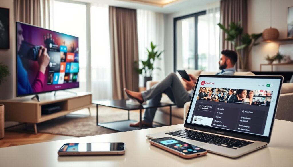 A modern living room scene showcasing multi-device compatibility for IPTV services. In the foreground, a sleek smart TV displays a vibrant streaming interface, while a user in business casual attire relaxes on a stylish sofa, holding a tablet. In the middle ground, a laptop on a coffee table shows the same service interface, alongside a smartphone with streaming options visible. The background features a large window letting in soft, natural light, creating a warm and inviting atmosphere. The room is elegantly decorated with contemporary furniture and plants, reflecting a modern lifestyle. The angle is slightly elevated, capturing the devices and their interactive use, emphasizing a seamless viewing experience across platforms. A modern living room scene showcasing multi-device compatibility for IPTV services. In the foreground, a sleek smart TV displays a vibrant streaming interface, while a user in business casual attire relaxes on a stylish sofa, holding a tablet. In the middle ground, a laptop on a coffee table shows the same service interface, alongside a smartphone with streaming options visible. The background features a large window letting in soft, natural light, creating a warm and inviting atmosphere. The room is elegantly decorated with contemporary furniture and plants, reflecting a modern lifestyle. The angle is slightly elevated, capturing the devices and their interactive use, emphasizing a seamless viewing experience across platforms.
