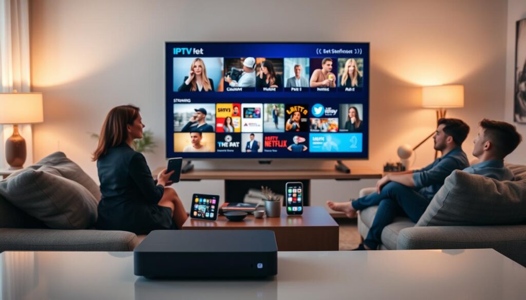 A modern living room scene showcasing the advantages of IPTV for users. In the foreground, a diverse group of three people, including a woman in professional attire, a man in smart casual, and a young adult relaxing on a couch, enjoying a wide array of content displayed on a large flat-screen TV, with vivid visuals and streaming icons. The middle section reveals various devices like a tablet and smartphone, displaying streaming options, while a sleek IPTV box rests on a stylish entertainment unit. The background features tasteful decor, with soft ambient lighting creating a cozy yet high-tech atmosphere, hinting at convenience and variety. Use a warm color palette to evoke a welcoming and engaging mood. Capture an inviting and innovative home entertainment experience with a focus on user satisfaction and versatility. A modern living room scene showcasing the advantages of IPTV for users. In the foreground, a diverse group of three people, including a woman in professional attire, a man in smart casual, and a young adult relaxing on a couch, enjoying a wide array of content displayed on a large flat-screen TV, with vivid visuals and streaming icons. The middle section reveals various devices like a tablet and smartphone, displaying streaming options, while a sleek IPTV box rests on a stylish entertainment unit. The background features tasteful decor, with soft ambient lighting creating a cozy yet high-tech atmosphere, hinting at convenience and variety. Use a warm color palette to evoke a welcoming and engaging mood. Capture an inviting and innovative home entertainment experience with a focus on user satisfaction and versatility.