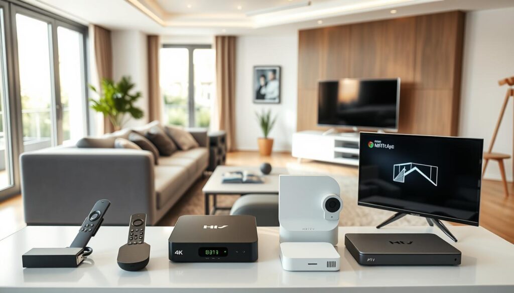 A modern living room scene showcasing various IPTV alternatives in a sleek, contemporary style. In the foreground, a stylish console table displays a range of IPTV devices, including 4K streaming sticks, set-top boxes, and smart TVs, all designed with modern aesthetics. The middle ground features a cozy sofa adorned with tech magazines and a remote control, inviting viewers to engage with the technology. In the background, large windows allow natural light to flood the room, creating a warm and inviting atmosphere. The lighting is soft and even, highlighting the devices while maintaining a neutral color palette. The overall mood is informative yet comfortable, suitable for a tech-centered discussion. A modern living room scene showcasing various IPTV alternatives in a sleek, contemporary style. In the foreground, a stylish console table displays a range of IPTV devices, including 4K streaming sticks, set-top boxes, and smart TVs, all designed with modern aesthetics. The middle ground features a cozy sofa adorned with tech magazines and a remote control, inviting viewers to engage with the technology. In the background, large windows allow natural light to flood the room, creating a warm and inviting atmosphere. The lighting is soft and even, highlighting the devices while maintaining a neutral color palette. The overall mood is informative yet comfortable, suitable for a tech-centered discussion.