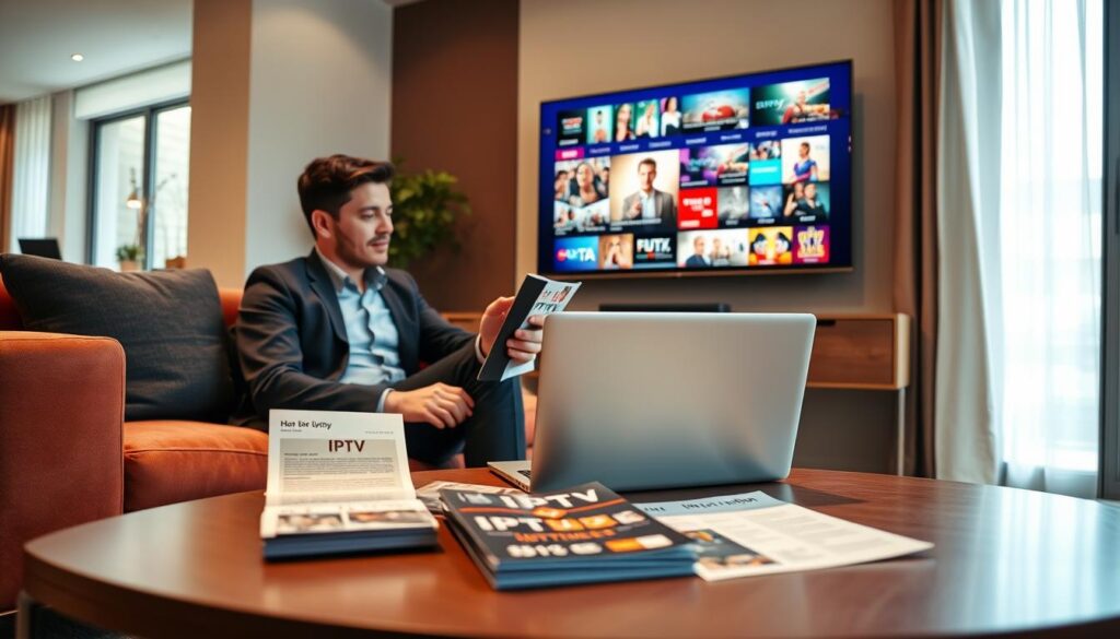 A modern living room scene with a professional-looking person, dressed in smart casual attire, sitting on a comfortable sofa while comparing different IPTV subscription plans on a sleek laptop. In the foreground, a stylish coffee table is adorned with brochures showcasing various IPTV service options. The middle ground features a wall-mounted flat-screen TV displaying a colorful collage of popular TV shows, movies, and sports events. In the background, a large window with soft natural light streaming in enhances the inviting atmosphere. The color palette is warm and cozy, creating a productive yet relaxed mood, emphasizing the importance of making an informed choice. The composition is shot from a slight angle, highlighting both the laptop screen and the engaged expression of the person.