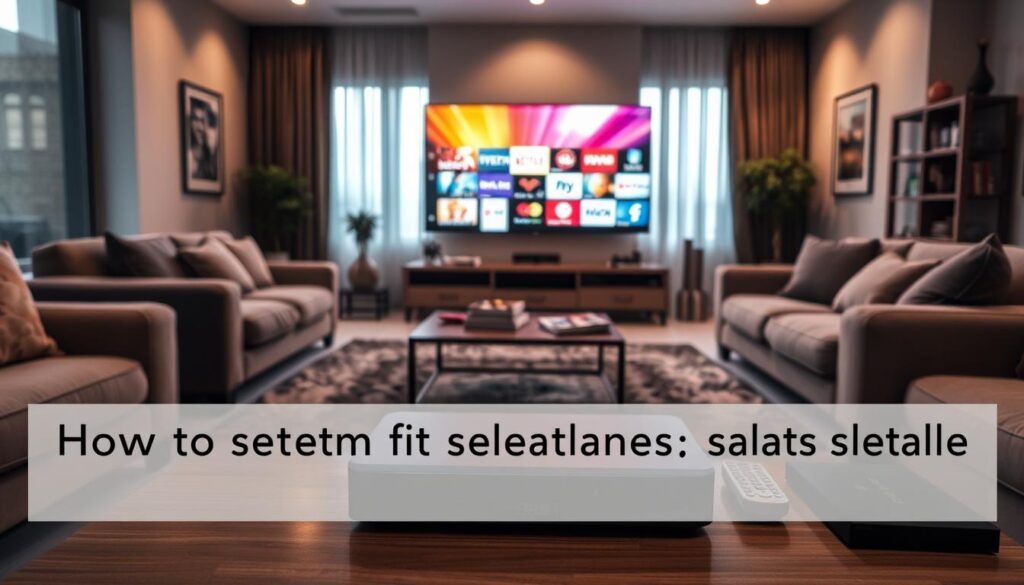 A modern living room setting designed for relaxation and entertainment. In the foreground, a sleek, high-tech IPTV streaming device sits on a coffee table, surrounded by remote controls and digital devices. The middle ground features a large flat-screen TV displaying vibrant colors showcasing a variety of channels, emitting a warm glow that enhances the cozy atmosphere. Plush couches and stylish decor surround the space, inviting viewers to settle in for a long viewing session. The background reveals a large window with soft, natural light filtering in, casting gentle shadows throughout the room. The overall mood is welcoming and comfortable, with an emphasis on seamless entertainment and stability, perfect for a guide on quickly setting up a stable IPTV subscription. A modern living room setting designed for relaxation and entertainment. In the foreground, a sleek, high-tech IPTV streaming device sits on a coffee table, surrounded by remote controls and digital devices. The middle ground features a large flat-screen TV displaying vibrant colors showcasing a variety of channels, emitting a warm glow that enhances the cozy atmosphere. Plush couches and stylish decor surround the space, inviting viewers to settle in for a long viewing session. The background reveals a large window with soft, natural light filtering in, casting gentle shadows throughout the room. The overall mood is welcoming and comfortable, with an emphasis on seamless entertainment and stability, perfect for a guide on quickly setting up a stable IPTV subscription.