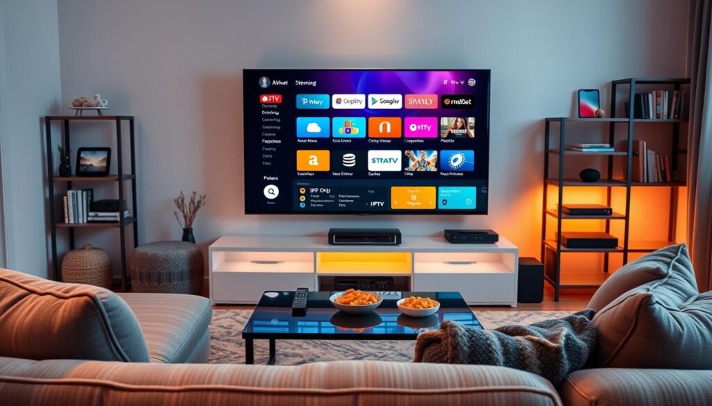 A modern living room setting designed for watching IPTV, featuring a sleek flat-screen television displaying colorful streaming icons. In the foreground, a comfortable sofa and a stylish coffee table loaded with a remote control and snacks, inviting relaxation. In the middle, a user-friendly interface on the TV showcasing advanced IPTV features like cloud recording, interactive program guides, and customizable playlists displayed vividly. Soft, warm lighting enhances a cozy atmosphere, with ambient lighting reflecting off the white walls. The background includes a bookshelf with digital devices like tablets and smart speakers, emphasizing technology integration. The overall mood is friendly and inviting, representing an optimized entertainment experience at home.