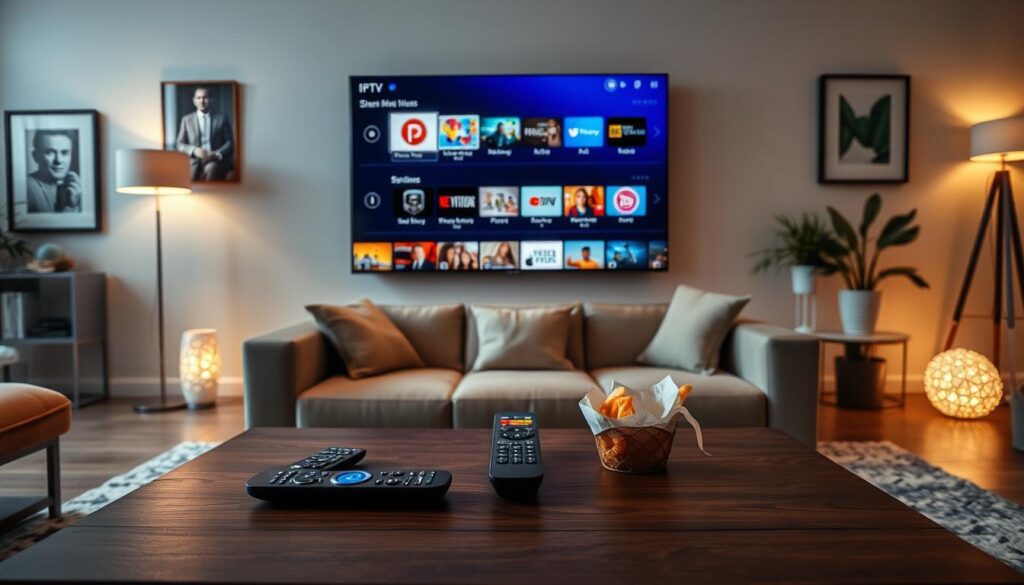 A modern living room setting featuring a large, flat-screen TV displaying a variety of streaming options for IPTV services. In the foreground, a stylish coffee table holds remote controls and snacks, symbolizing the home entertainment experience. In the middle ground, a comfortable couch is centered towards the TV, inviting relaxation and enjoyment. The background includes soft lighting, with ambient floor lamps casting a warm glow that creates a cozy atmosphere. A few decorative elements, such as framed art and plants, enhance the inviting feel of the scene. The overall mood reflects a sense of analysis and quality assessment, presenting a seamless blend of technology and comfort in the home entertainment environment.