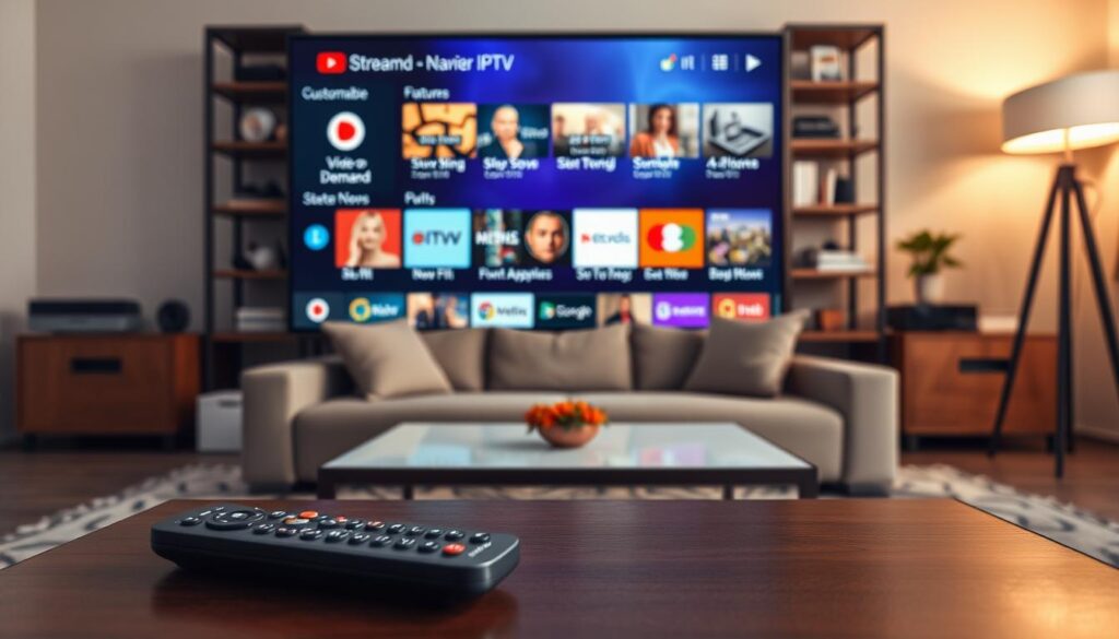 A modern living room setting featuring a large flat-screen TV displaying a vibrant IPTV interface, showcasing advanced features like a customizable channel list, video on demand, and multi-screen viewing options. In the foreground, a sleek remote control sits on a stylish coffee table, hinting at user interaction. In the middle, a cozy couch invites viewers to relax while watching their favorite shows. The background features a contemporary bookshelf filled with tech gadgets and streaming awards. Soft, warm lighting creates a welcoming atmosphere, while a wide-angle view captures the entire scene, emphasizing the innovative technology and user-friendly design of advanced IPTV applications. A modern living room setting featuring a large flat-screen TV displaying a vibrant IPTV interface, showcasing advanced features like a customizable channel list, video on demand, and multi-screen viewing options. In the foreground, a sleek remote control sits on a stylish coffee table, hinting at user interaction. In the middle, a cozy couch invites viewers to relax while watching their favorite shows. The background features a contemporary bookshelf filled with tech gadgets and streaming awards. Soft, warm lighting creates a welcoming atmosphere, while a wide-angle view captures the entire scene, emphasizing the innovative technology and user-friendly design of advanced IPTV applications.