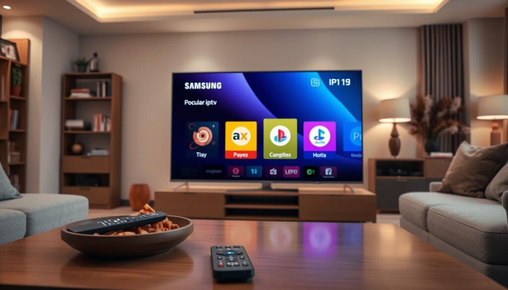 A modern living room setting featuring a sleek Samsung TV displaying a vibrant interface of five popular IPTV applications. In the foreground, a stylish coffee table with a remote control and some snacks, reflecting casual relaxation. The middle ground showcases the Samsung TV prominently, with bright, colorful icons representing the IPTV apps neatly arranged on the screen. The background includes contemporary decor, such as a cozy sofa, a bookshelf, and soft lighting that creates a warm atmosphere. The scene is illuminated with soft, natural light filtering through a window, emphasizing a welcoming and immersive viewing experience. The overall mood is inviting, suited for family and friends enjoying entertainment together. A modern living room setting featuring a sleek Samsung TV displaying a vibrant interface of five popular IPTV applications. In the foreground, a stylish coffee table with a remote control and some snacks, reflecting casual relaxation. The middle ground showcases the Samsung TV prominently, with bright, colorful icons representing the IPTV apps neatly arranged on the screen. The background includes contemporary decor, such as a cozy sofa, a bookshelf, and soft lighting that creates a warm atmosphere. The scene is illuminated with soft, natural light filtering through a window, emphasizing a welcoming and immersive viewing experience. The overall mood is inviting, suited for family and friends enjoying entertainment together.