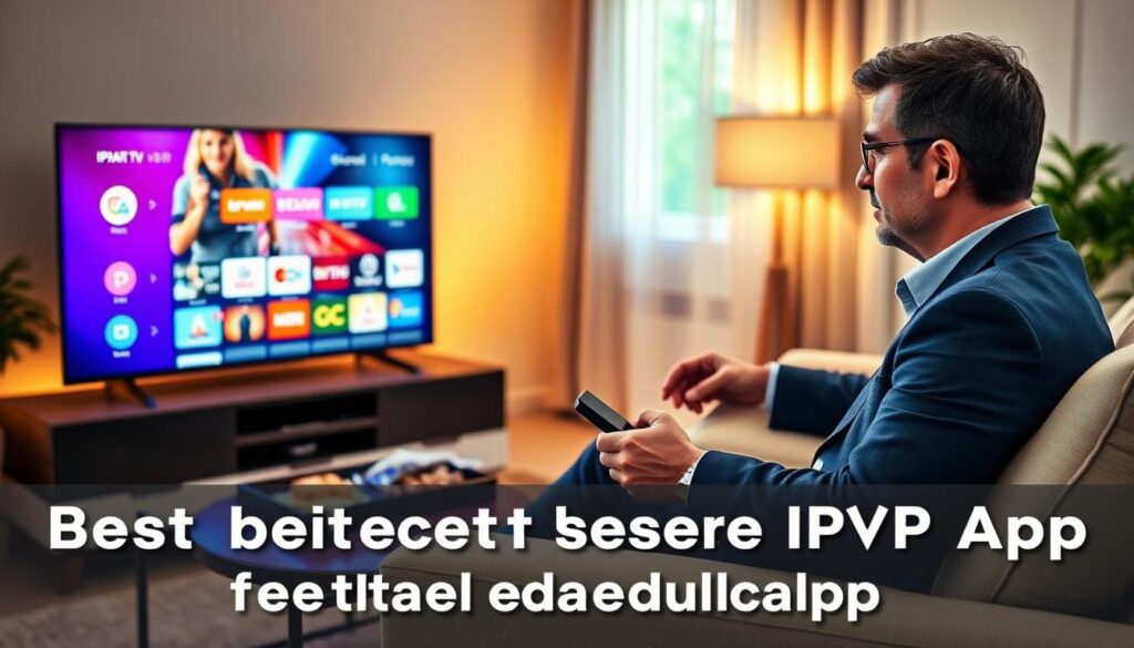 A modern living room setting featuring a sleek Smart TV displaying a vibrant IPTV application interface. In the foreground, a user, a middle-aged man in smart casual attire, is seated comfortably on a stylish couch, intently exploring the options on the screen with a remote control in hand. The middle layer includes a coffee table with snacks and drinks, enhancing the relaxed atmosphere. The background showcases warm, ambient lighting with soft curtains draping a window, revealing a hint of greenery outside. The overall mood is inviting and tech-savvy, capturing the essence of choosing the best free IPTV app for Smart TVs. The image uses natural lighting to create a cozy yet contemporary feel, focusing on the user’s engaged expression and the colorful interface of the IPTV app. A modern living room setting featuring a sleek Smart TV displaying a vibrant IPTV application interface. In the foreground, a user, a middle-aged man in smart casual attire, is seated comfortably on a stylish couch, intently exploring the options on the screen with a remote control in hand. The middle layer includes a coffee table with snacks and drinks, enhancing the relaxed atmosphere. The background showcases warm, ambient lighting with soft curtains draping a window, revealing a hint of greenery outside. The overall mood is inviting and tech-savvy, capturing the essence of choosing the best free IPTV app for Smart TVs. The image uses natural lighting to create a cozy yet contemporary feel, focusing on the user’s engaged expression and the colorful interface of the IPTV app.