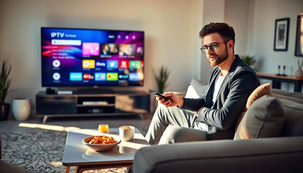 A modern living room setting, featuring a sleek TV displaying a colorful IPTV interface on the screen. In the foreground, a confident young adult in smart casual attire is seated on a comfortable sofa, holding a remote control while looking engaged. The room is brightly lit with warm, inviting lighting, and soft sunlight pours in through a nearby window, casting gentle shadows. In the middle ground, a stylish coffee table holds snacks and drinks, adding to the casual atmosphere. The background includes minimalist decor, with plants and art on the walls, creating a sense of comfort and reliability. The overall mood is relaxed and inviting, emphasizing the ease of accessing free IPTV services in France without obligation. A modern living room setting, featuring a sleek TV displaying a colorful IPTV interface on the screen. In the foreground, a confident young adult in smart casual attire is seated on a comfortable sofa, holding a remote control while looking engaged. The room is brightly lit with warm, inviting lighting, and soft sunlight pours in through a nearby window, casting gentle shadows. In the middle ground, a stylish coffee table holds snacks and drinks, adding to the casual atmosphere. The background includes minimalist decor, with plants and art on the walls, creating a sense of comfort and reliability. The overall mood is relaxed and inviting, emphasizing the ease of accessing free IPTV services in France without obligation.