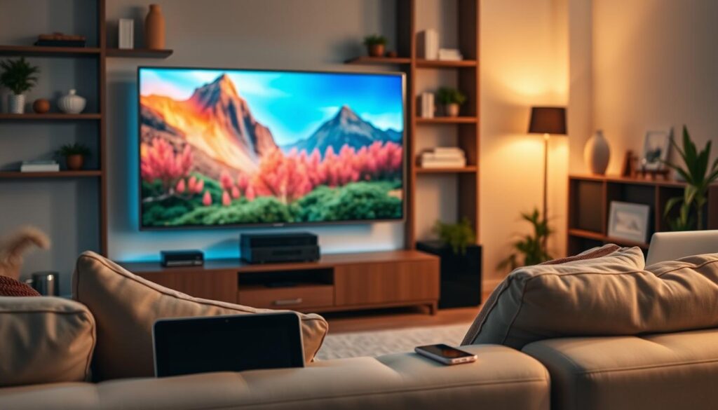 A modern living room setting featuring a sleek smart TV displaying high-definition video content, showcasing vibrant colors and clear images. In the foreground, a comfortable, stylish couch with a tablet and various devices (smartphone, laptop) placed nearby, emphasizing compatibility with different gadgets. Soft, warm lighting creates an inviting atmosphere, highlighting the clarity of the video on the screen. The background includes shelves with decorative items and potted plants, adding to the homey feel. The overall mood is relaxed and engaging, conveying the essence of quality video streaming in a contemporary lifestyle. The scene is captured from a slightly elevated angle to illustrate the entire space cohesively. A modern living room setting featuring a sleek smart TV displaying high-definition video content, showcasing vibrant colors and clear images. In the foreground, a comfortable, stylish couch with a tablet and various devices (smartphone, laptop) placed nearby, emphasizing compatibility with different gadgets. Soft, warm lighting creates an inviting atmosphere, highlighting the clarity of the video on the screen. The background includes shelves with decorative items and potted plants, adding to the homey feel. The overall mood is relaxed and engaging, conveying the essence of quality video streaming in a contemporary lifestyle. The scene is captured from a slightly elevated angle to illustrate the entire space cohesively.