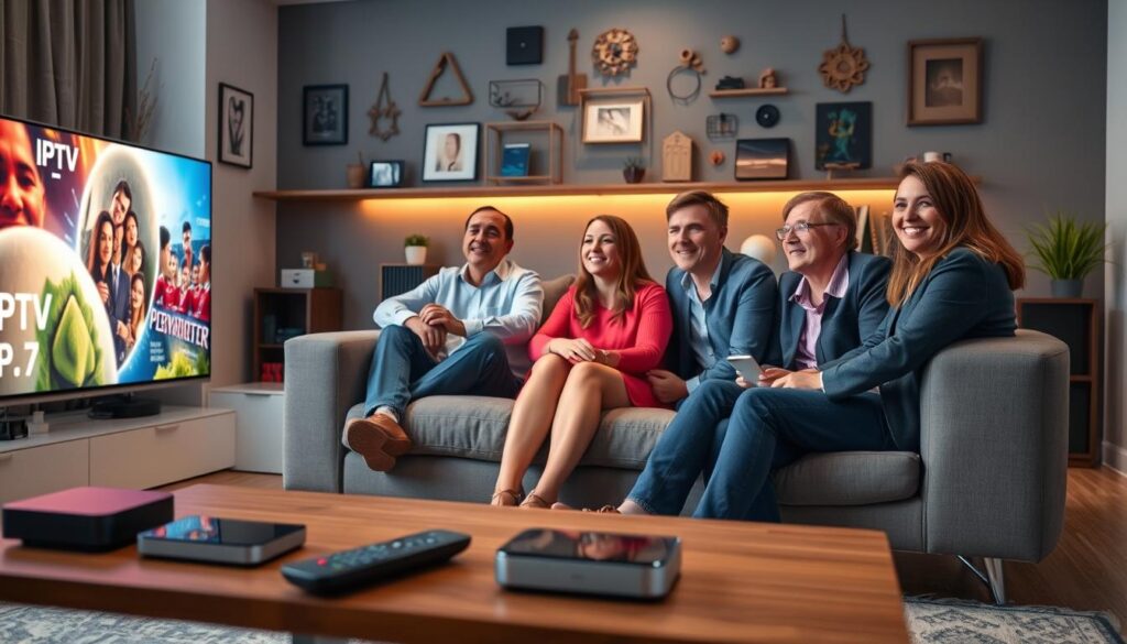 A modern living room setting featuring a sleek television displaying IPTV content. In the foreground, a stylish coffee table with a remote and IPTV devices scattered around. In the middle, a comfortable couch with plush cushions, where a diverse group of four adults in business casual attire are attentively watching the TV, their expressions reflecting engagement and enjoyment. The background shows a well-decorated wall with decorative elements related to technology and entertainment. Soft, ambient lighting enhances a cozy atmosphere, with a slight lens blur to emphasize the viewers in the foreground. The overall mood is vibrant and inviting, showcasing a lively yet relaxed entertainment experience in 2026. A modern living room setting featuring a sleek television displaying IPTV content. In the foreground, a stylish coffee table with a remote and IPTV devices scattered around. In the middle, a comfortable couch with plush cushions, where a diverse group of four adults in business casual attire are attentively watching the TV, their expressions reflecting engagement and enjoyment. The background shows a well-decorated wall with decorative elements related to technology and entertainment. Soft, ambient lighting enhances a cozy atmosphere, with a slight lens blur to emphasize the viewers in the foreground. The overall mood is vibrant and inviting, showcasing a lively yet relaxed entertainment experience in 2026.