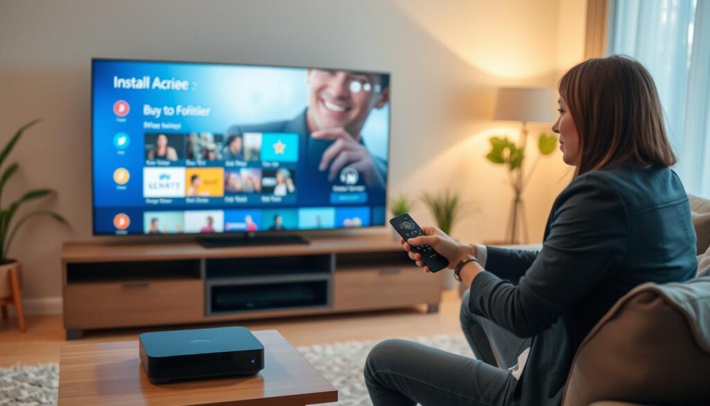 A modern living room setting featuring a stylish Freebox device beside a sleek flat-screen TV. In the foreground, a user, dressed in smart casual clothing, is attentively using a remote control to navigate IPTV options. The middle ground shows the screen displaying the IPTV interface with vibrant channel thumbnails, highlighting the installation process visually. In the background, a cozy ambiance created by soft, warm lighting enhances the relaxed mood. The room is decorated with contemporary furniture and plants, giving a hint of technology alongside comfort. Capture the image from a slightly elevated angle, showcasing both the user’s engagement and the advanced technology, emphasizing a smooth and user-friendly installation experience.