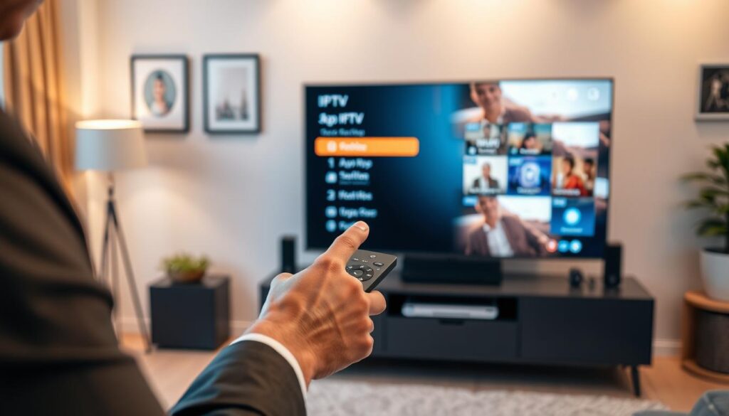 A modern living room setting, focusing on a stylish Smart TV displaying an IPTV app interface. In the foreground, a user (dressed in professional casual attire) eagerly interacts with a sleek remote control, their finger hovering over a highlighted option on the screen. The middle ground features the TV stand adorned with tech gadgets and a cozy ambiance, enhanced by soft, warm lighting that casts a friendly glow. In the background, wall art and an inviting sofa frame the scene, conveying comfort and modernity. The overall mood is engaging and instructional, suitable for a guide on activating IPTV applications, captured with a slightly angled perspective to emphasize the interaction with technology. A modern living room setting, focusing on a stylish Smart TV displaying an IPTV app interface. In the foreground, a user (dressed in professional casual attire) eagerly interacts with a sleek remote control, their finger hovering over a highlighted option on the screen. The middle ground features the TV stand adorned with tech gadgets and a cozy ambiance, enhanced by soft, warm lighting that casts a friendly glow. In the background, wall art and an inviting sofa frame the scene, conveying comfort and modernity. The overall mood is engaging and instructional, suitable for a guide on activating IPTV applications, captured with a slightly angled perspective to emphasize the interaction with technology.