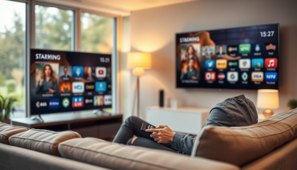 A modern living room setting showcasing a cozy and inviting atmosphere, with a sleek television displaying diverse IPTV content on the screen. In the foreground, a professional-looking person in smart casual attire is seated comfortably on a stylish sofa, with a remote control in hand, exuding a sense of satisfaction and enjoyment. The middle layer features an array of streaming icons subtly visible in the background, symbolizing the wide range of channels available. Soft, warm lighting from a nearby lamp creates a relaxed ambiance, inviting viewers to feel the comfort of home entertainment. A large window in the background shows a blurred garden scene, suggesting tranquility outside. Focus is on the person and the TV, with a slight depth of field effect to enhance the viewer's concentration on the IPTV experience. A modern living room setting showcasing a cozy and inviting atmosphere, with a sleek television displaying diverse IPTV content on the screen. In the foreground, a professional-looking person in smart casual attire is seated comfortably on a stylish sofa, with a remote control in hand, exuding a sense of satisfaction and enjoyment. The middle layer features an array of streaming icons subtly visible in the background, symbolizing the wide range of channels available. Soft, warm lighting from a nearby lamp creates a relaxed ambiance, inviting viewers to feel the comfort of home entertainment. A large window in the background shows a blurred garden scene, suggesting tranquility outside. Focus is on the person and the TV, with a slight depth of field effect to enhance the viewer's concentration on the IPTV experience.