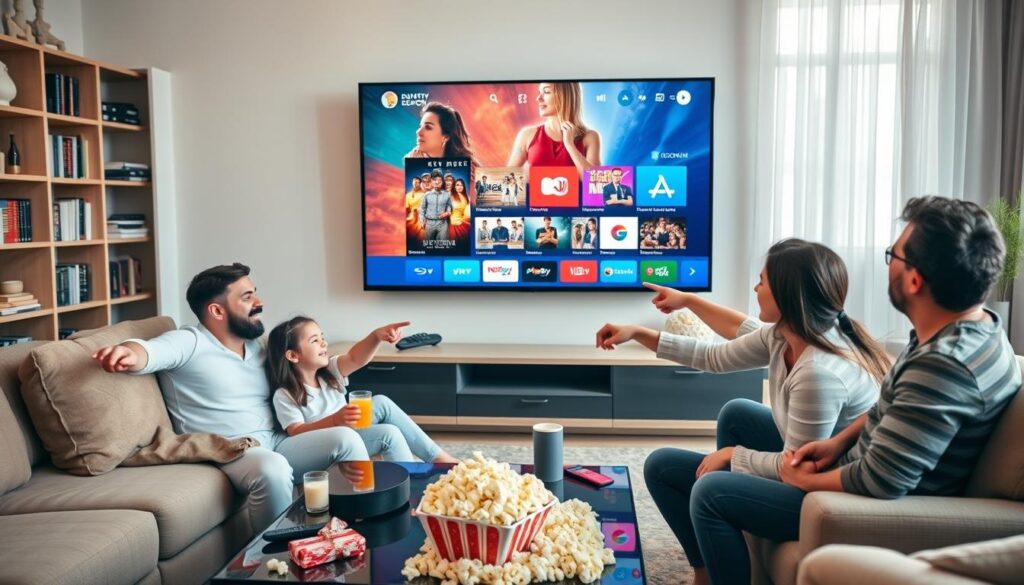 A modern living room setting showcasing a large flat-screen TV displaying vibrant streaming interfaces. In the foreground, a family of four—dressed in casual but neat clothing—sitting on a comfortable sofa, pointing at the TV, engaged and smiling, reflecting their excitement about the content. In the middle ground, a sleek coffee table filled with remote controls, popcorn, and drinks, creating a cozy atmosphere. The background features shelves filled with DVDs, books, and decorative items, indicating a love for media. Soft, warm lighting enhances the inviting mood, with sunlight filtering through sheer curtains. The angle of the shot is slightly above eye level, capturing both the TV screen and the family's joyful expressions, emphasizing a comprehensive catalogue of channels, movies, and series available through a reliable and legal IPTV subscription.