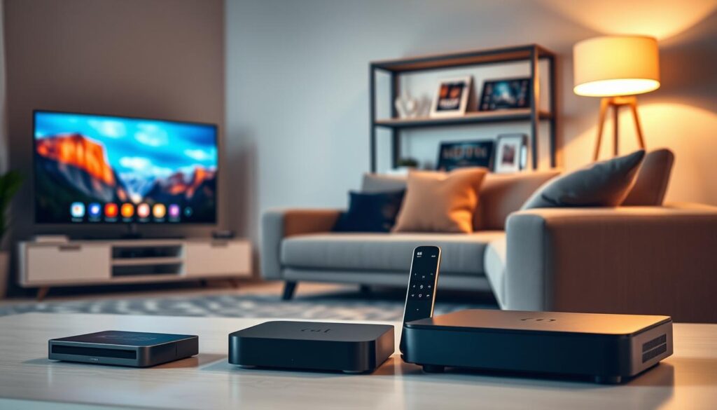 A modern living room setting showcasing a range of IPTV compatible devices. In the foreground, a sleek smart television with a vibrant display, flanked by a stylish streaming device and a compact IPTV set-top box. In the middle, a cozy sofa with a tablet and remote control, emphasizing user connectivity. The background features a minimalist bookshelf with tech magazines and an ambient lamp casting warm light, creating an inviting atmosphere. Use soft natural lighting to highlight the devices’ details and textures, captured from a slightly elevated angle to give depth. The mood is relaxed and tech-savvy, ideal for illustrating IPTV compatibility. A modern living room setting showcasing a range of IPTV compatible devices. In the foreground, a sleek smart television with a vibrant display, flanked by a stylish streaming device and a compact IPTV set-top box. In the middle, a cozy sofa with a tablet and remote control, emphasizing user connectivity. The background features a minimalist bookshelf with tech magazines and an ambient lamp casting warm light, creating an inviting atmosphere. Use soft natural lighting to highlight the devices’ details and textures, captured from a slightly elevated angle to give depth. The mood is relaxed and tech-savvy, ideal for illustrating IPTV compatibility.