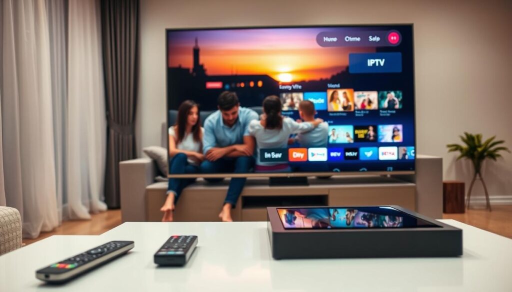 A modern living room setting showcasing a sleek, high-definition smart TV displaying an IPTV application interface. In the foreground, a stylish coffee table holds a remote control and digital tablet, hinting at modern technology. The middle ground features a comfortable sofa with a relaxed family gathering, all dressed in casual yet tidy clothing, engrossed in a family-friendly movie night. Soft, warm lighting fills the room, creating an inviting atmosphere, with curtains gently drawn to reveal a sunset glow in the background. The scene embodies a sense of togetherness and entertainment, emphasizing the appeal of smart IPTV services in a contemporary home. The angle captures the TV clearly, highlighting the vibrant colors of the app interface while avoiding any text or logos. A modern living room setting showcasing a sleek, high-definition smart TV displaying an IPTV application interface. In the foreground, a stylish coffee table holds a remote control and digital tablet, hinting at modern technology. The middle ground features a comfortable sofa with a relaxed family gathering, all dressed in casual yet tidy clothing, engrossed in a family-friendly movie night. Soft, warm lighting fills the room, creating an inviting atmosphere, with curtains gently drawn to reveal a sunset glow in the background. The scene embodies a sense of togetherness and entertainment, emphasizing the appeal of smart IPTV services in a contemporary home. The angle captures the TV clearly, highlighting the vibrant colors of the app interface while avoiding any text or logos.