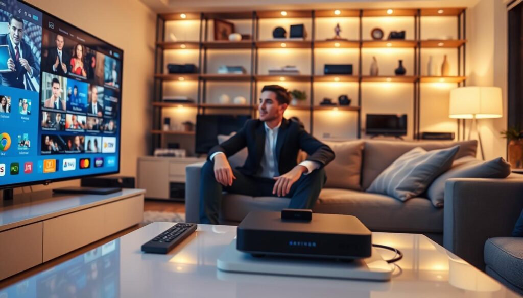 A modern living room setting showcasing a sleek, high-tech IPTV device connected to a large flat-screen TV displaying vibrant streaming content. In the foreground, a stylish coffee table with a remote control and smart devices. In the middle, a cozy sofa with a professional-looking individual, dressed in smart casual attire, focused on the screen, exuding fascination. The background features shelves filled with multimedia devices and decor, with ambient warm lighting enhancing the room's inviting atmosphere. The mood is tech-savvy and engaged, reflecting the experience of using VIP IPTV in France in 2025. Employ a clear angle that captures the entire scene, making it relatable and informative. A modern living room setting showcasing a sleek, high-tech IPTV device connected to a large flat-screen TV displaying vibrant streaming content. In the foreground, a stylish coffee table with a remote control and smart devices. In the middle, a cozy sofa with a professional-looking individual, dressed in smart casual attire, focused on the screen, exuding fascination. The background features shelves filled with multimedia devices and decor, with ambient warm lighting enhancing the room's inviting atmosphere. The mood is tech-savvy and engaged, reflecting the experience of using VIP IPTV in France in 2025. Employ a clear angle that captures the entire scene, making it relatable and informative.