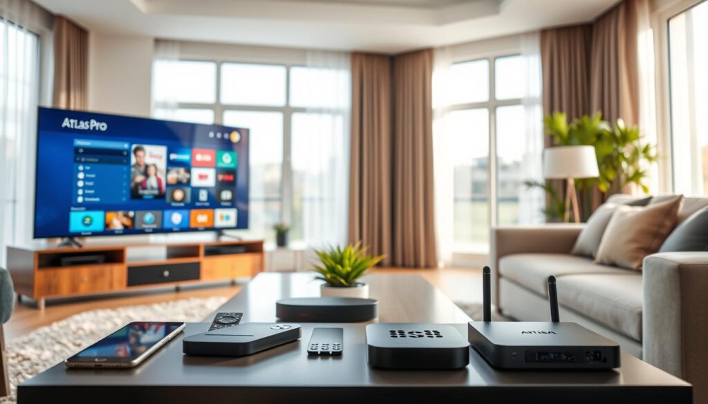 A modern living room setting showcasing compatibility with various devices supported by Atlas Pro IPTV. In the foreground, a sleek television displaying the Atlas Pro interface, surrounded by a few popular devices such as a smartphone, tablet, and streaming box, all elegantly arranged. The middle ground features a stylish coffee table with remote controls and a decorative plant, conveying a vibrant home atmosphere. In the background, large windows bathe the room in soft, natural light, creating a warm and inviting ambiance. The furniture is contemporary, with neutral tones and pops of color, reflecting a comfortable yet tech-savvy lifestyle. The perspective is slightly angled to provide depth, highlighting the harmonious integration of technology in everyday life. A modern living room setting showcasing compatibility with various devices supported by Atlas Pro IPTV. In the foreground, a sleek television displaying the Atlas Pro interface, surrounded by a few popular devices such as a smartphone, tablet, and streaming box, all elegantly arranged. The middle ground features a stylish coffee table with remote controls and a decorative plant, conveying a vibrant home atmosphere. In the background, large windows bathe the room in soft, natural light, creating a warm and inviting ambiance. The furniture is contemporary, with neutral tones and pops of color, reflecting a comfortable yet tech-savvy lifestyle. The perspective is slightly angled to provide depth, highlighting the harmonious integration of technology in everyday life.