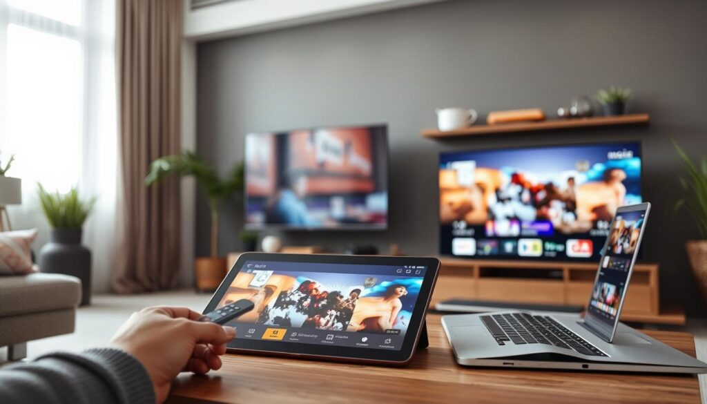 A modern living room setting showcasing multiple devices compatible with IPTV services. In the foreground, there’s a sleek Smart TV displaying vibrant streaming content with a wireless remote. To the side, a tablet rests on a contemporary coffee table, highlighting the same IPTV interface. A laptop is open nearby, showcasing another viewing option. The background features soft natural lighting coming through a window, enhancing the inviting atmosphere. The room is tastefully decorated with a minimalist style, including indoor plants and cozy seating. The overall mood is tech-savvy and comfortable, reflecting a seamless integration of technology into daily life. The angle captures a slightly elevated view, suggesting an inviting and accessible space for entertainment. A modern living room setting showcasing multiple devices compatible with IPTV services. In the foreground, there’s a sleek Smart TV displaying vibrant streaming content with a wireless remote. To the side, a tablet rests on a contemporary coffee table, highlighting the same IPTV interface. A laptop is open nearby, showcasing another viewing option. The background features soft natural lighting coming through a window, enhancing the inviting atmosphere. The room is tastefully decorated with a minimalist style, including indoor plants and cozy seating. The overall mood is tech-savvy and comfortable, reflecting a seamless integration of technology into daily life. The angle captures a slightly elevated view, suggesting an inviting and accessible space for entertainment.