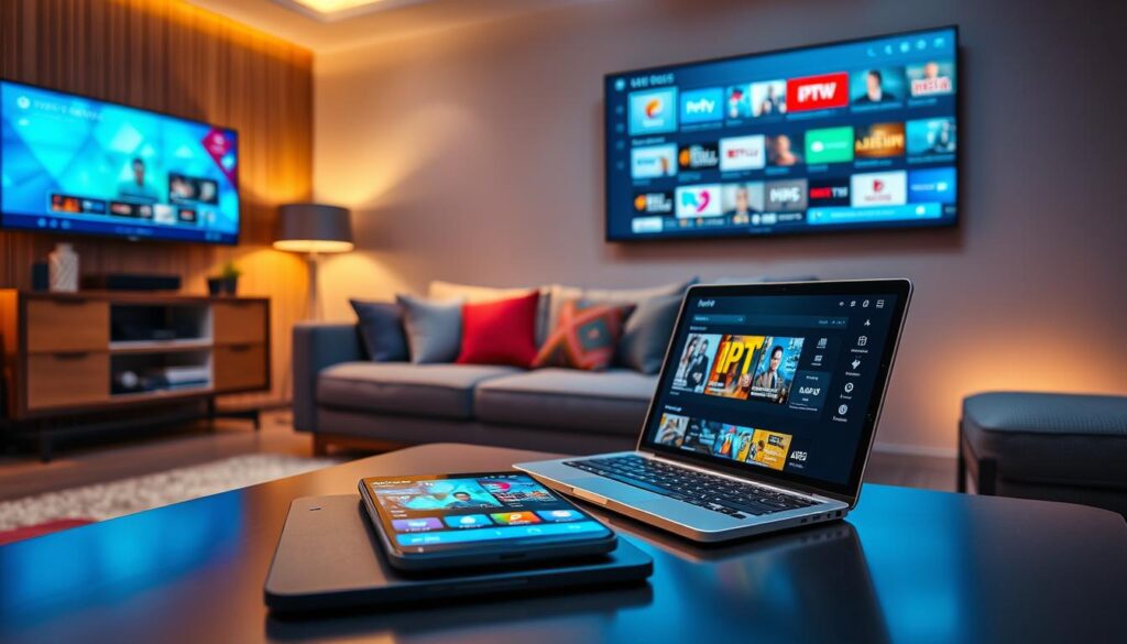 A modern living room setting showcasing multiple screens displaying various IPTV applications for 2026. In the foreground, a sleek coffee table with an open laptop and a smartphone, both featuring vibrant IPTV app interfaces. In the middle ground, a stylish couch with a few colorful cushions, inviting viewers to sit and enjoy. The background features a large flat-screen TV mounted on the wall, showcasing a selection of popular IPTV channels. The room is warmly lit with soft ambient lighting, creating a cozy atmosphere perfect for entertainment. Use a wide-angle lens to capture the entire scene, emphasizing the modern technology and comfort of home viewing. The overall mood should be inviting and tech-savvy, appealing to IPTV enthusiasts.