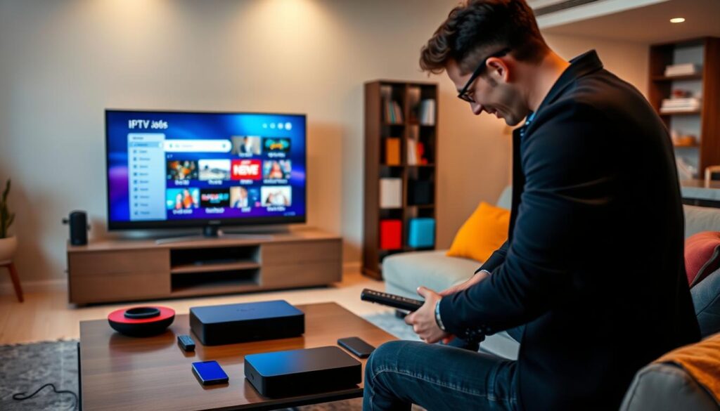 A modern living room setting showcasing the installation and activation of IPTV. In the foreground, a tech-savvy individual, dressed in smart casual attire, is connecting a sleek IPTV box to a large, flat-screen TV. The person is focused on the screen, displaying a digital interface with various television channel options. In the middle ground, a stylish coffee table holds various tech gadgets, including a remote control and a smartphone. The background features a warm, inviting ambiance with soft lighting, a contemporary bookshelf, and colorful decorative elements. The overall mood is one of excitement and technology, highlighting a seamless entertainment experience at home. The image is well-lit, emphasizing clarity and detail, capturing the essence of modern IPTV activation. A modern living room setting showcasing the installation and activation of IPTV. In the foreground, a tech-savvy individual, dressed in smart casual attire, is connecting a sleek IPTV box to a large, flat-screen TV. The person is focused on the screen, displaying a digital interface with various television channel options. In the middle ground, a stylish coffee table holds various tech gadgets, including a remote control and a smartphone. The background features a warm, inviting ambiance with soft lighting, a contemporary bookshelf, and colorful decorative elements. The overall mood is one of excitement and technology, highlighting a seamless entertainment experience at home. The image is well-lit, emphasizing clarity and detail, capturing the essence of modern IPTV activation.