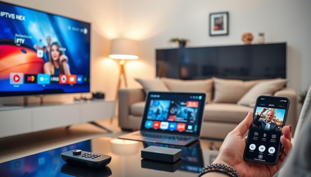 A modern living room setting showcasing various IPTV applications and media players on multiple screens. In the foreground, a sleek television displaying a vibrant IPTV interface, with a remote control and smart device on a stylish coffee table. The middle ground features a cozy couch with a laptop streaming content and a smartphone with an IPTV app open, highlighting user-friendly navigation. In the background, soft lighting from a floor lamp creates a warm atmosphere, emphasizing a contemporary decor style with decorative elements. The overall mood is inviting and tech-savvy, perfect for users looking to explore their IPTV options across diverse devices. The angle is slightly elevated to capture the entire scene, focusing on the integration of technology in home entertainment. A modern living room setting showcasing various IPTV applications and media players on multiple screens. In the foreground, a sleek television displaying a vibrant IPTV interface, with a remote control and smart device on a stylish coffee table. The middle ground features a cozy couch with a laptop streaming content and a smartphone with an IPTV app open, highlighting user-friendly navigation. In the background, soft lighting from a floor lamp creates a warm atmosphere, emphasizing a contemporary decor style with decorative elements. The overall mood is inviting and tech-savvy, perfect for users looking to explore their IPTV options across diverse devices. The angle is slightly elevated to capture the entire scene, focusing on the integration of technology in home entertainment.