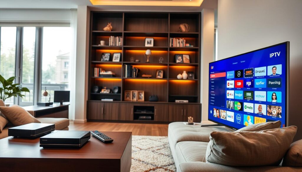 A modern living room setting showcasing various IPTV solutions and equipment. In the foreground, a sleek smart TV displays a vibrant interface of IPTV channels. To the left, a stylish media console holds a streaming device and a high-quality set-top box, surrounded by colorful remote controls. In the middle ground, a comfortable sofa with cushions invites viewers to relax and enjoy content. The background features a well-decorated bookshelf with tech-savvy gadgets like a wireless router and a tablet. Soft, warm lighting creates an inviting atmosphere, while large windows allow natural light to fill the space. The focus is on creating a cozy yet technologically advanced environment where viewers can appreciate IPTV offerings. Use a slight angle to give depth to the image, enhancing visual interest. A modern living room setting showcasing various IPTV solutions and equipment. In the foreground, a sleek smart TV displays a vibrant interface of IPTV channels. To the left, a stylish media console holds a streaming device and a high-quality set-top box, surrounded by colorful remote controls. In the middle ground, a comfortable sofa with cushions invites viewers to relax and enjoy content. The background features a well-decorated bookshelf with tech-savvy gadgets like a wireless router and a tablet. Soft, warm lighting creates an inviting atmosphere, while large windows allow natural light to fill the space. The focus is on creating a cozy yet technologically advanced environment where viewers can appreciate IPTV offerings. Use a slight angle to give depth to the image, enhancing visual interest.
