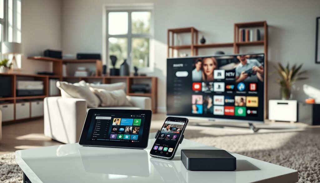 A modern living room setting showcasing various devices compatible with Xenon IPTV. In the foreground, a sleek smart TV is displaying an intuitive interface, filled with colorful app icons. To the left, a tablet and smartphone rest on a stylish coffee table, both displaying the Xenon IPTV app. The middle ground features a comfortable sofa, complemented by a contemporary décor. In the background, a bookshelf filled with electronic gadgets like a streaming device and gaming console emphasizes the brand's versatility. The lighting is soft and inviting, creating a warm atmosphere, with sunlight streaming through large windows. The overall mood captures a blend of technology and comfort, ideal for entertainment enthusiasts. A modern living room setting showcasing various devices compatible with Xenon IPTV. In the foreground, a sleek smart TV is displaying an intuitive interface, filled with colorful app icons. To the left, a tablet and smartphone rest on a stylish coffee table, both displaying the Xenon IPTV app. The middle ground features a comfortable sofa, complemented by a contemporary décor. In the background, a bookshelf filled with electronic gadgets like a streaming device and gaming console emphasizes the brand's versatility. The lighting is soft and inviting, creating a warm atmosphere, with sunlight streaming through large windows. The overall mood captures a blend of technology and comfort, ideal for entertainment enthusiasts.