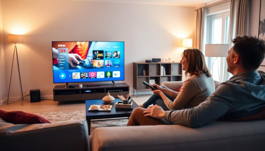 A modern living room setting where a family is enjoying their Xtream IPTV service. In the foreground, a couple (dressed in smart casual attire) comfortably seated on a stylish couch, holding a remote control and looking at a large, high-definition TV displaying a vibrant streaming interface. The middle ground features a coffee table with snacks and drinks, while a sleek entertainment unit showcases various tech gadgets. The background features a cozy bookshelf and soft ambient lighting from floor lamps, creating a warm, inviting atmosphere. The room is bathed in natural light coming from a large window, invoking a sense of relaxation and enjoyment. The overall mood is joyful and connected, emphasizing the experience of optimized IPTV viewing in a French home. A modern living room setting where a family is enjoying their Xtream IPTV service. In the foreground, a couple (dressed in smart casual attire) comfortably seated on a stylish couch, holding a remote control and looking at a large, high-definition TV displaying a vibrant streaming interface. The middle ground features a coffee table with snacks and drinks, while a sleek entertainment unit showcases various tech gadgets. The background features a cozy bookshelf and soft ambient lighting from floor lamps, creating a warm, inviting atmosphere. The room is bathed in natural light coming from a large window, invoking a sense of relaxation and enjoyment. The overall mood is joyful and connected, emphasizing the experience of optimized IPTV viewing in a French home.