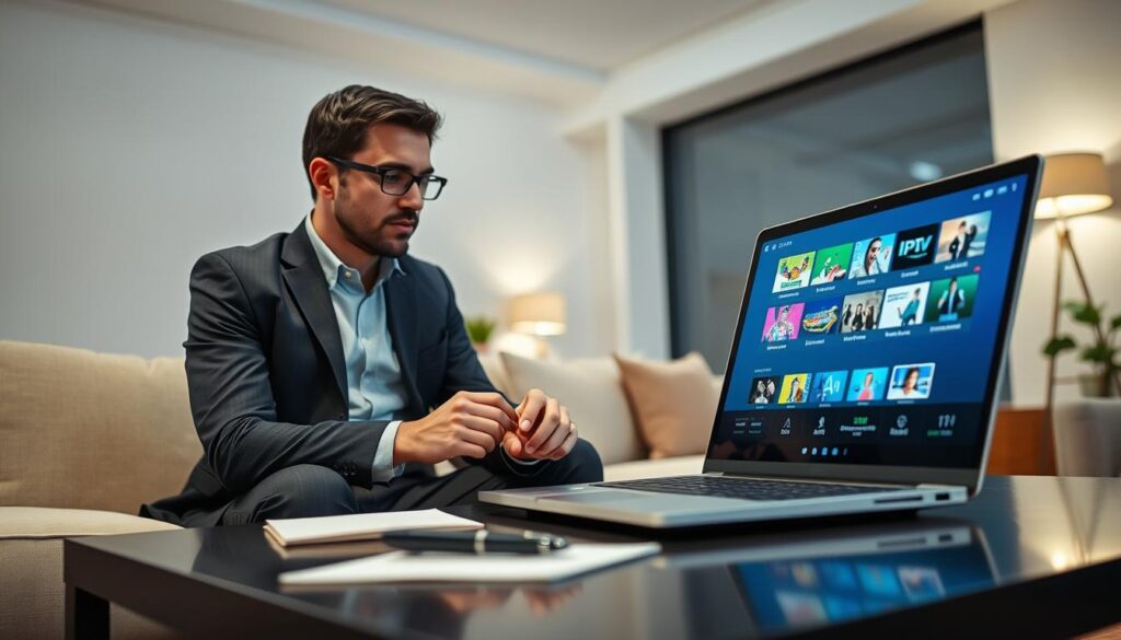A modern living room setting where a professional-looking individual, dressed in smart casual attire, is intently analyzing IPTV options on a sleek laptop. In the foreground, the laptop screen displays vibrant graphics of various IPTV channels and quality indicators. The middle ground features a stylish coffee table with a notepad and a pen, suggesting an organized approach to reviewing services. The background showcases a cozy atmosphere with soft lighting, perhaps from a floor lamp, creating a warm mood. A large window visible in the background lets in natural light, enhancing the inviting ambiance of the room. The overall image conveys a sense of diligence and focus in exploring IPTV service tests.