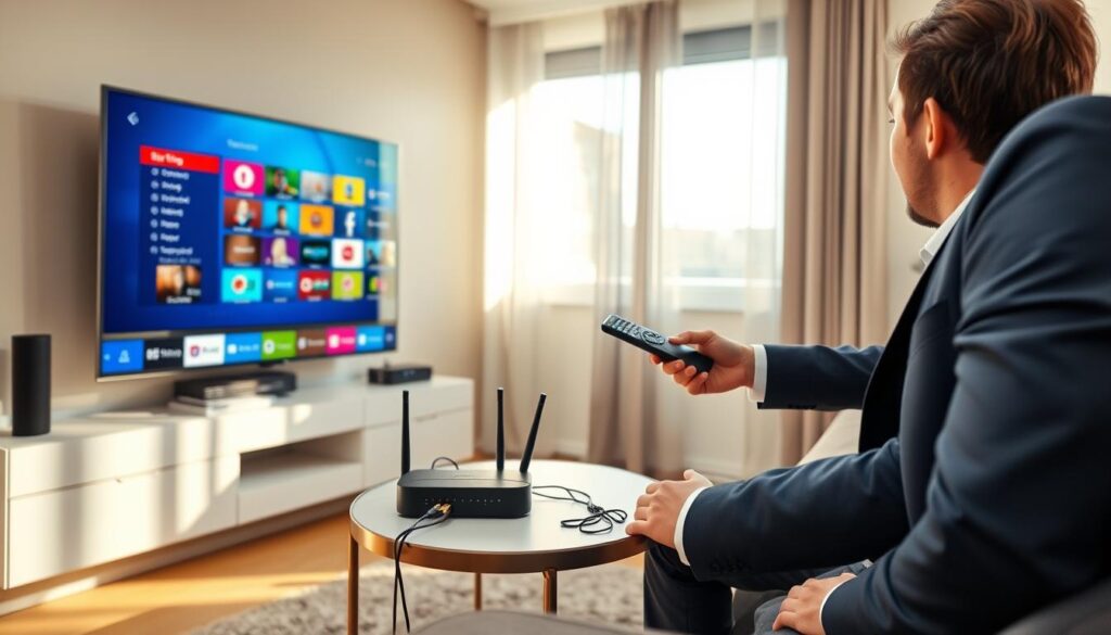 A modern living room setting with a comfortable couch and a sleek television mounted on the wall, displaying an IPTV interface filled with colorful channel options. In the foreground, a person in smart casual attire is configuring the IPTV settings using a remote control, looking focused and engaged. In the middle, a small table holds a high-definition IPTV box and Wi-Fi router with visible cables neatly arranged. The background features a window with soft daylight streaming in, creating a warm and inviting atmosphere. The scene is shot from a slightly angled perspective, giving depth and clarity. Emphasize a professional yet cozy mood, suitable for a tech-savvy environment. A modern living room setting with a comfortable couch and a sleek television mounted on the wall, displaying an IPTV interface filled with colorful channel options. In the foreground, a person in smart casual attire is configuring the IPTV settings using a remote control, looking focused and engaged. In the middle, a small table holds a high-definition IPTV box and Wi-Fi router with visible cables neatly arranged. The background features a window with soft daylight streaming in, creating a warm and inviting atmosphere. The scene is shot from a slightly angled perspective, giving depth and clarity. Emphasize a professional yet cozy mood, suitable for a tech-savvy environment.
