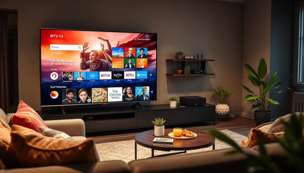 A modern living room setting with a large, sleek television displaying an IPTV interface, showcasing various channels and options in rich detail. In the foreground, a comfortable sofa with colorful cushions invites relaxation, while a stylish coffee table holds a remote control and snacks. The middle ground features a well-organized entertainment unit with streaming devices and decorative plants, adding a touch of greenery. In the background, a large window lets in natural light, highlighting the cozy ambiance with soft, warm lighting. The atmosphere feels inviting and tech-savvy, emphasizing the suitability of IPTV services for a contemporary lifestyle in France. The overall mood is relaxed and enjoyable, ideal for family viewing or personal entertainment. A modern living room setting with a large, sleek television displaying an IPTV interface, showcasing various channels and options in rich detail. In the foreground, a comfortable sofa with colorful cushions invites relaxation, while a stylish coffee table holds a remote control and snacks. The middle ground features a well-organized entertainment unit with streaming devices and decorative plants, adding a touch of greenery. In the background, a large window lets in natural light, highlighting the cozy ambiance with soft, warm lighting. The atmosphere feels inviting and tech-savvy, emphasizing the suitability of IPTV services for a contemporary lifestyle in France. The overall mood is relaxed and enjoyable, ideal for family viewing or personal entertainment.