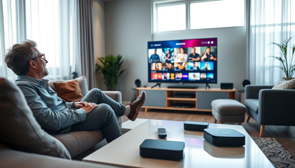 A modern living room setting with a person joyfully watching TV, surrounded by a variety of streaming devices, illustrating the benefits of a premium IPTV subscription. In the foreground, a cozy couch featuring a person in smart casual attire, deeply engaged in a cinematic experience. The middle ground showcases a sleek TV displaying vibrant, colorful IPTV content, with a remote control and streaming device on a stylish coffee table. The background features soft ambient lighting, creating a warm, welcoming atmosphere. Natural sunlight filters through large windows, adding a touch of brightness. The mood is uplifting and inviting, highlighting the convenience and richness of premium IPTV offerings. A modern living room setting with a person joyfully watching TV, surrounded by a variety of streaming devices, illustrating the benefits of a premium IPTV subscription. In the foreground, a cozy couch featuring a person in smart casual attire, deeply engaged in a cinematic experience. The middle ground showcases a sleek TV displaying vibrant, colorful IPTV content, with a remote control and streaming device on a stylish coffee table. The background features soft ambient lighting, creating a warm, welcoming atmosphere. Natural sunlight filters through large windows, adding a touch of brightness. The mood is uplifting and inviting, highlighting the convenience and richness of premium IPTV offerings.