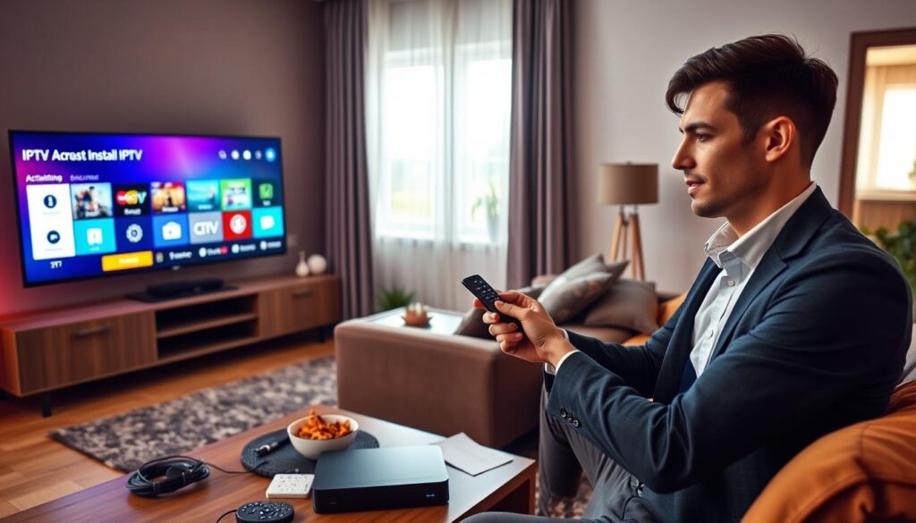 A modern living room setting with a sleek entertainment center, showcasing a large flat-screen TV displaying an IPTV interface. In the foreground, a professional-looking individual in casual business attire is setting up the IPTV device, holding a remote control and looking focused. Surrounding them are cables and a small setup guide. In the middle ground, a stylish sofa and a coffee table with snacks add a cozy atmosphere. The background features a well-lit window with natural light streaming in, highlighting the vibrant colors of the room. The mood is approachable and inviting, reflecting a sense of ease and organization in the installation process. The angle captures both the individual and the technology, emphasizing a user-friendly atmosphere for IPTV activation.