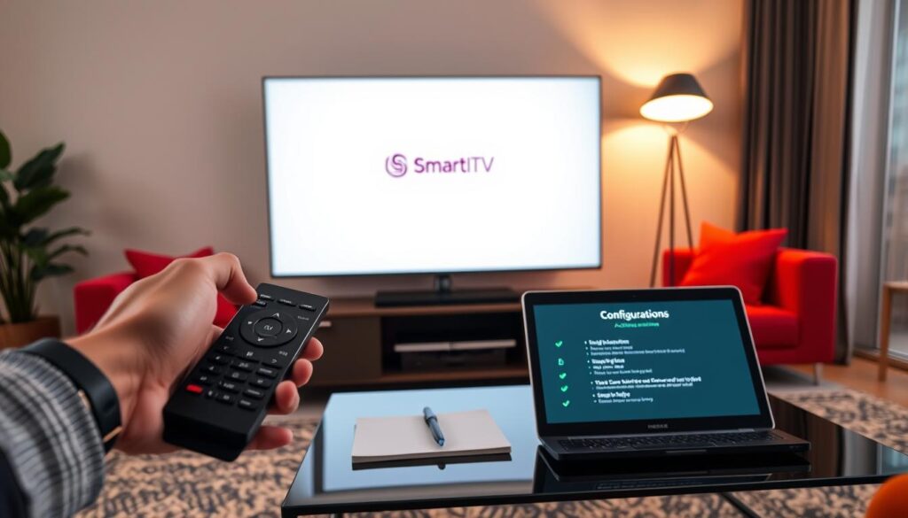 A modern living room setting with a sleek flat-screen TV displaying the Smart IPTV activation screen. In the foreground, a hand holding a remote control points at the TV, showcasing the activation interface. The middle ground features a stylish coffee table with an open laptop displaying configuration steps for Smart IPTV, alongside a notepad with notes. The background is softly lit, emphasizing a cozy atmosphere with warm lighting from a floor lamp. Colorful accents in the decor suggest a vibrant yet professional environment. The overall mood is inviting and tech-savvy, perfect for illustrating the ease of setting up Smart IPTV in a home setting. A modern living room setting with a sleek flat-screen TV displaying the Smart IPTV activation screen. In the foreground, a hand holding a remote control points at the TV, showcasing the activation interface. The middle ground features a stylish coffee table with an open laptop displaying configuration steps for Smart IPTV, alongside a notepad with notes. The background is softly lit, emphasizing a cozy atmosphere with warm lighting from a floor lamp. Colorful accents in the decor suggest a vibrant yet professional environment. The overall mood is inviting and tech-savvy, perfect for illustrating the ease of setting up Smart IPTV in a home setting.