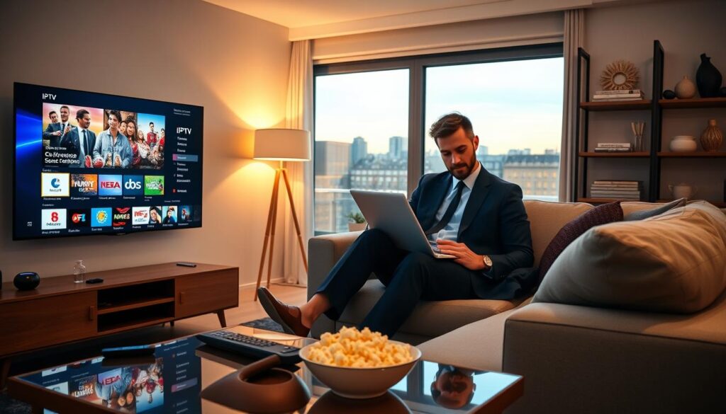A modern living room setting with a sleek flat-screen TV displaying vibrant IPTV content. In the foreground, an organized coffee table featuring a stylish remote control and a bowl of popcorn. The middle layer shows a cozy sofa with a person in professional business attire attentively browsing through IPTV subscription options on a laptop, illuminated by a soft, warm glow from a nearby floor lamp. The background includes tastefully arranged shelves with decorative items and a large window revealing a serene urban landscape outside. The overall atmosphere is inviting and contemporary, suggesting a relaxed yet focused environment for choosing the best IPTV service in France. The lighting is soft and warm, creating a comfortable and engaging mood. A modern living room setting with a sleek flat-screen TV displaying vibrant IPTV content. In the foreground, an organized coffee table featuring a stylish remote control and a bowl of popcorn. The middle layer shows a cozy sofa with a person in professional business attire attentively browsing through IPTV subscription options on a laptop, illuminated by a soft, warm glow from a nearby floor lamp. The background includes tastefully arranged shelves with decorative items and a large window revealing a serene urban landscape outside. The overall atmosphere is inviting and contemporary, suggesting a relaxed yet focused environment for choosing the best IPTV service in France. The lighting is soft and warm, creating a comfortable and engaging mood.