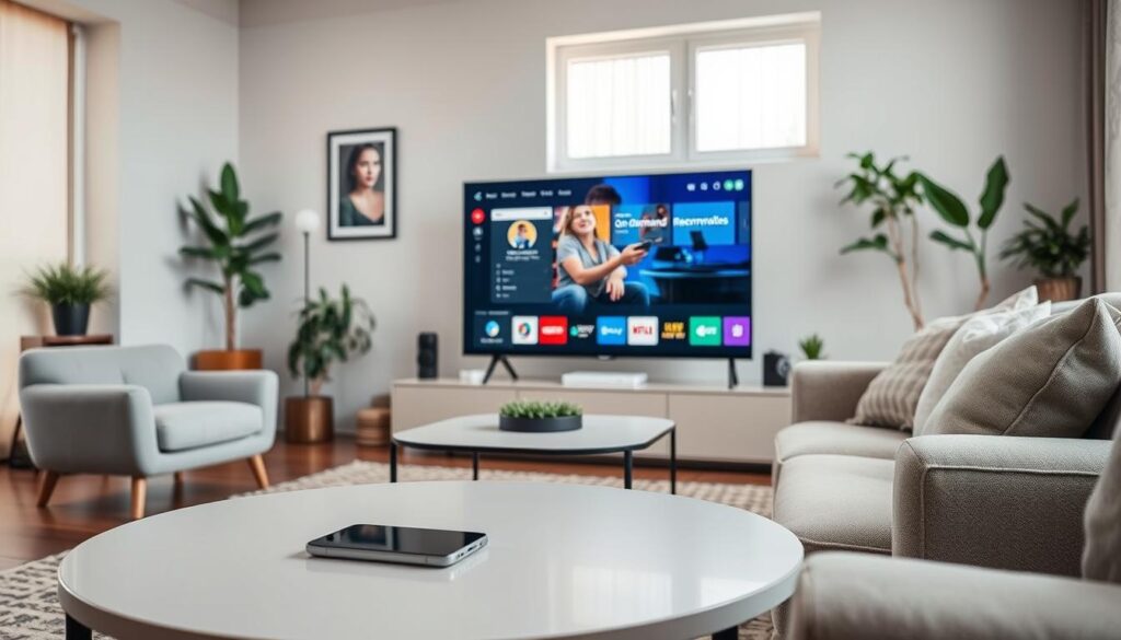 A modern living room setting with a sleek, smart TV displaying the advanced features of a smart IPTV application. In the foreground, a stylish coffee table holds a remote control and a smartphone, while a cozy sofa invites relaxation. In the middle ground, the smart TV shows an interactive interface showcasing categories like 'Live TV', 'On-Demand Movies', and 'Personalized Recommendations' with vibrant icons. The background features subtle decorative elements, like houseplants and framed artwork, creating a homely atmosphere. Soft, natural light filters in through a window, enhancing the inviting mood. The angle is slightly elevated, offering a wide view of the entire room, emphasizing a modern and tech-savvy lifestyle. A modern living room setting with a sleek, smart TV displaying the advanced features of a smart IPTV application. In the foreground, a stylish coffee table holds a remote control and a smartphone, while a cozy sofa invites relaxation. In the middle ground, the smart TV shows an interactive interface showcasing categories like 'Live TV', 'On-Demand Movies', and 'Personalized Recommendations' with vibrant icons. The background features subtle decorative elements, like houseplants and framed artwork, creating a homely atmosphere. Soft, natural light filters in through a window, enhancing the inviting mood. The angle is slightly elevated, offering a wide view of the entire room, emphasizing a modern and tech-savvy lifestyle.