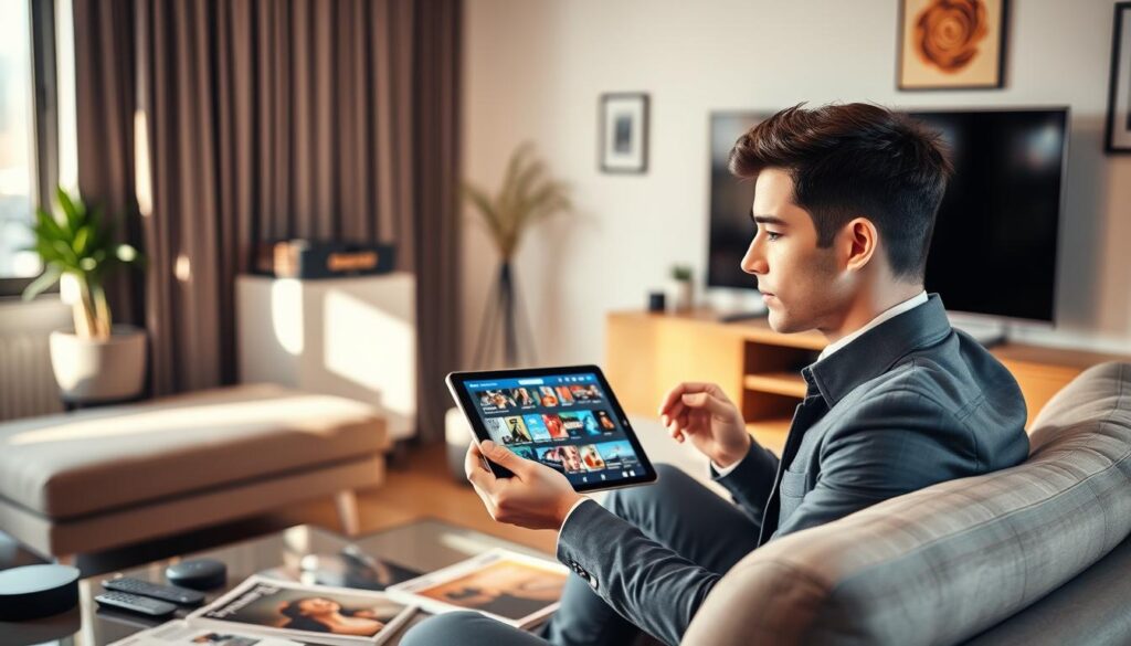 A modern living room setting with a sleek, stylish couch facing a large flat-screen TV. In the foreground, a young professional person in smart casual attire is intently comparing different IPTV apps displayed on a tablet. The room is well-lit, with soft, warm natural light streaming in from a window, enhancing the cozy atmosphere. On a coffee table, various streaming device remotes and magazines about technology can be seen. In the background, there are contemporary decorations, including a potted plant and artwork on the walls, emphasizing a tech-savvy lifestyle. Capture the thoughtful expression on the person’s face, illustrating the decision-making process of choosing the right IPTV app for their 2026 needs. Use a shallow depth of field to focus on the subject and tablet, while softly blurring the background. A modern living room setting with a sleek, stylish couch facing a large flat-screen TV. In the foreground, a young professional person in smart casual attire is intently comparing different IPTV apps displayed on a tablet. The room is well-lit, with soft, warm natural light streaming in from a window, enhancing the cozy atmosphere. On a coffee table, various streaming device remotes and magazines about technology can be seen. In the background, there are contemporary decorations, including a potted plant and artwork on the walls, emphasizing a tech-savvy lifestyle. Capture the thoughtful expression on the person’s face, illustrating the decision-making process of choosing the right IPTV app for their 2026 needs. Use a shallow depth of field to focus on the subject and tablet, while softly blurring the background.