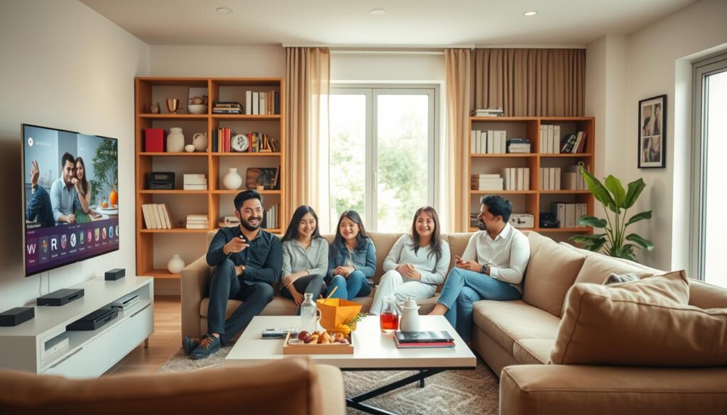 A modern living room setting with a sleek television displaying IPTV content. In the foreground, a happy family of four is seated on a comfortable sofa, engaging with a remote control. They are dressed in casual, modest clothing. The middle ground features a stylish coffee table with snacks and drinks, while a bookshelf filled with tech gadgets and books is visible. In the background, a large window lets in warm natural light, creating a cozy and inviting atmosphere. The image should evoke a sense of connection and entertainment, emphasizing the convenience and enjoyment of IPTV subscriptions. Use soft, warm lighting to enhance the welcoming feel, shot from a slightly elevated angle to capture the entire scene beautifully. A modern living room setting with a sleek television displaying IPTV content. In the foreground, a happy family of four is seated on a comfortable sofa, engaging with a remote control. They are dressed in casual, modest clothing. The middle ground features a stylish coffee table with snacks and drinks, while a bookshelf filled with tech gadgets and books is visible. In the background, a large window lets in warm natural light, creating a cozy and inviting atmosphere. The image should evoke a sense of connection and entertainment, emphasizing the convenience and enjoyment of IPTV subscriptions. Use soft, warm lighting to enhance the welcoming feel, shot from a slightly elevated angle to capture the entire scene beautifully.