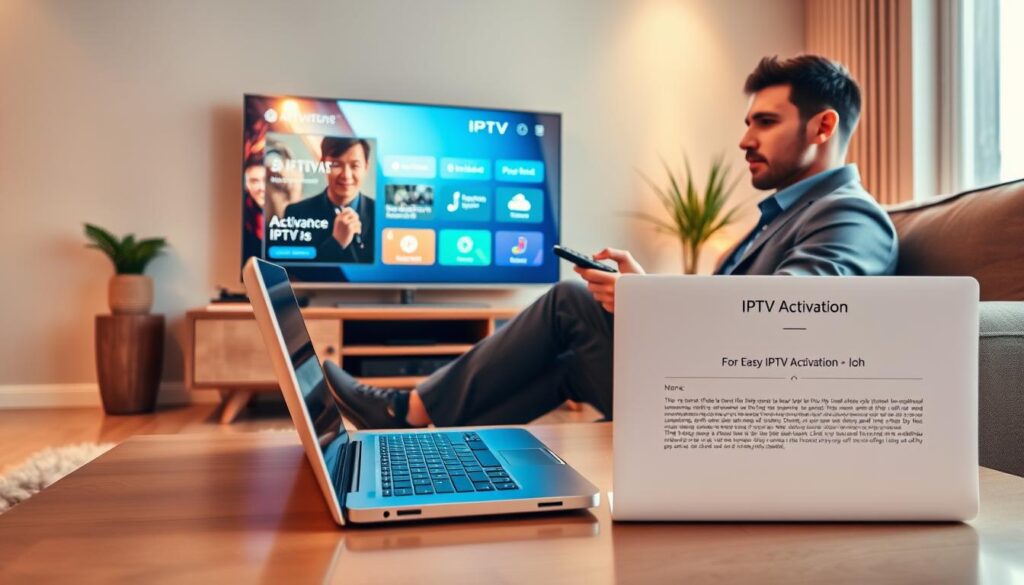 A modern living room setting with a sleek television displaying an IPTV interface. In the foreground, a person in business casual attire is seated comfortably on a stylish sofa, engaged with a remote control. The person has a focused expression, symbolizing the activation process. The middle ground features a stylish coffee table with a laptop open, displaying an easy-to-follow guide for IPTV activation. The background shows a well-lit room with warm lighting, emphasizing a cozy yet tech-savvy atmosphere. The composition includes vibrant colors to evoke a sense of excitement and ease, captured from a low angle to enhance the perspective of the scene.