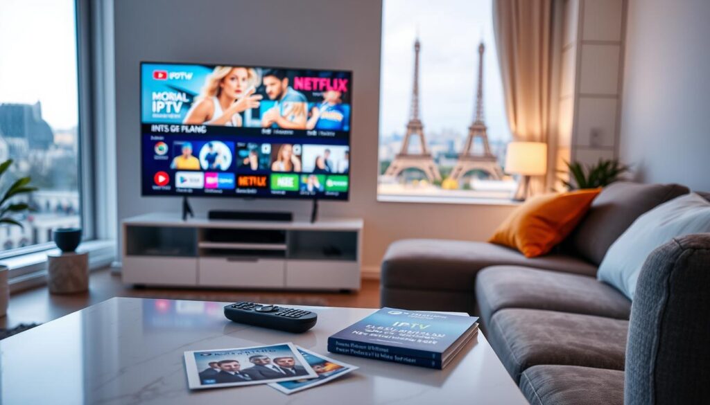 A modern living room setting with a stylish flat-screen TV displaying vibrant IPTV content, featuring sports, movies, and news. In the foreground, a sleek coffee table holds a remote control and subscription brochures showcasing various plans for IPTV in France. In the middle ground, a comfortable sofa with bright cushions invites viewers to relax while enjoying their favorite shows. The background displays a window revealing a Parisian skyline and soft, ambient lighting that creates a warm, inviting atmosphere. Use a slightly elevated angle to capture the depth of the scene, emphasizing the connection between modern entertainment and French culture. Ensure the composition is clean and professional, fostering a mood of leisure and sophistication. A modern living room setting with a stylish flat-screen TV displaying vibrant IPTV content, featuring sports, movies, and news. In the foreground, a sleek coffee table holds a remote control and subscription brochures showcasing various plans for IPTV in France. In the middle ground, a comfortable sofa with bright cushions invites viewers to relax while enjoying their favorite shows. The background displays a window revealing a Parisian skyline and soft, ambient lighting that creates a warm, inviting atmosphere. Use a slightly elevated angle to capture the depth of the scene, emphasizing the connection between modern entertainment and French culture. Ensure the composition is clean and professional, fostering a mood of leisure and sophistication.