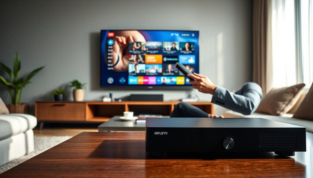 A modern living room setup featuring a sleek IPTV stream player prominently displayed on a coffee table. In the foreground, a person dressed in professional business attire is engaged with a tablet, customizing settings on the player with a focused expression. In the middle, an ultra-high-definition television is mounted on the wall, displaying a vibrant streaming interface with various channel options visible, showcasing the advanced personalization features. The background includes subtle details like stylish decor and plants that enhance the cozy yet tech-savvy atmosphere. Soft natural light filters through a window, creating a warm and inviting mood. The lens captures the scene at eye level, emphasizing the integration of technology and daily life, with sharp details and a slightly blurred background to draw attention to the subject and the IPTV player. A modern living room setup featuring a sleek IPTV stream player prominently displayed on a coffee table. In the foreground, a person dressed in professional business attire is engaged with a tablet, customizing settings on the player with a focused expression. In the middle, an ultra-high-definition television is mounted on the wall, displaying a vibrant streaming interface with various channel options visible, showcasing the advanced personalization features. The background includes subtle details like stylish decor and plants that enhance the cozy yet tech-savvy atmosphere. Soft natural light filters through a window, creating a warm and inviting mood. The lens captures the scene at eye level, emphasizing the integration of technology and daily life, with sharp details and a slightly blurred background to draw attention to the subject and the IPTV player.