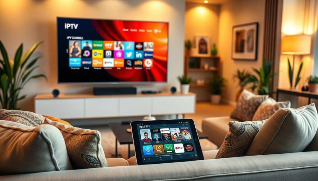 A modern living room setup featuring a sleek flat-screen TV displaying an IPTV interface with vibrant, colorful channel options. In the foreground, a cozy sofa adorned with decorative cushions invites viewers to relax. The middle ground includes a stylish coffee table scattered with gadgets like a remote control and a tablet showing various IPTV applications. The background reveals a softly lit ambiance with warm lighting, creating a welcoming atmosphere. The room is tastefully decorated with house plants and contemporary art. The scene suggests an engaging, tech-friendly environment for watching TV, ideal for families or individuals. Use soft focus for depth and a wide-angle perspective to capture the entire setting. A modern living room setup featuring a sleek flat-screen TV displaying an IPTV interface with vibrant, colorful channel options. In the foreground, a cozy sofa adorned with decorative cushions invites viewers to relax. The middle ground includes a stylish coffee table scattered with gadgets like a remote control and a tablet showing various IPTV applications. The background reveals a softly lit ambiance with warm lighting, creating a welcoming atmosphere. The room is tastefully decorated with house plants and contemporary art. The scene suggests an engaging, tech-friendly environment for watching TV, ideal for families or individuals. Use soft focus for depth and a wide-angle perspective to capture the entire setting.