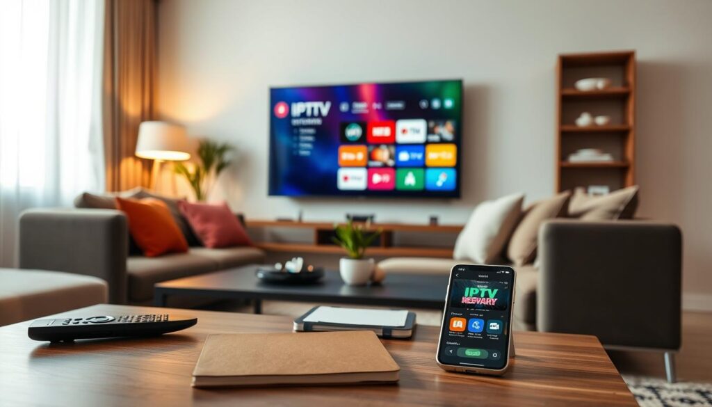 A modern living room setup featuring a sleek flat-screen television displaying a vibrant IPTV interface. In the foreground, a stylish coffee table with a remote control, a notepad, and a smartphone showcasing an IPTV app. The middle ground includes a comfortable sofa with cushions in contemporary colors, and a small indoor plant adding a touch of greenery. In the background, a large window allows soft natural light to fill the space, creating a warm and inviting atmosphere. The scene captures a sense of reliability and performance, emphasizing a cozy and high-tech home entertainment environment. The lighting is soft and diffused, enhancing the overall mood of relaxation and enjoyment in watching premium IPTV services. A modern living room setup featuring a sleek flat-screen television displaying a vibrant IPTV interface. In the foreground, a stylish coffee table with a remote control, a notepad, and a smartphone showcasing an IPTV app. The middle ground includes a comfortable sofa with cushions in contemporary colors, and a small indoor plant adding a touch of greenery. In the background, a large window allows soft natural light to fill the space, creating a warm and inviting atmosphere. The scene captures a sense of reliability and performance, emphasizing a cozy and high-tech home entertainment environment. The lighting is soft and diffused, enhancing the overall mood of relaxation and enjoyment in watching premium IPTV services.