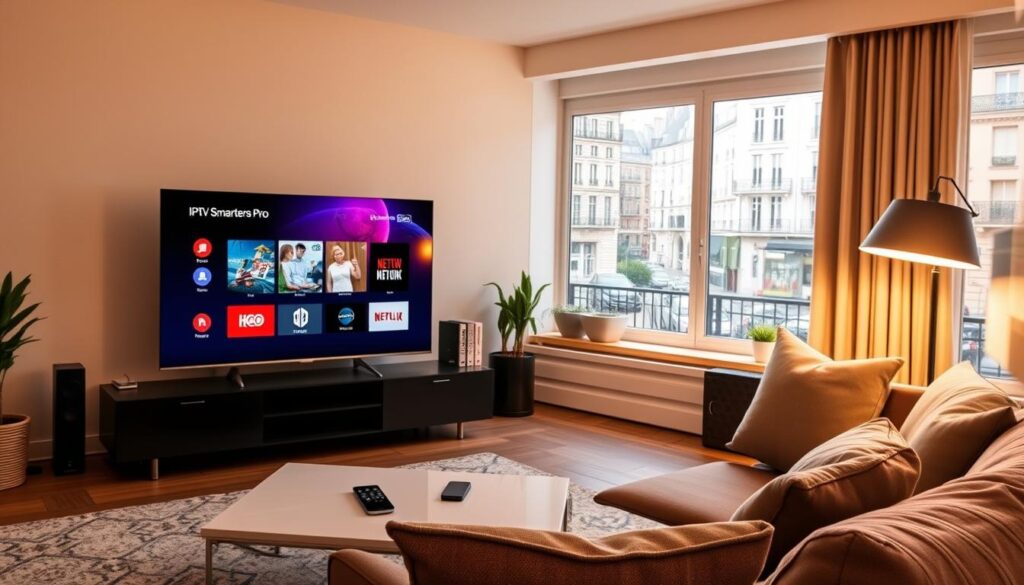 A modern living room setup in France featuring a sleek smart TV displaying the IPTV Smarters Pro interface. In the foreground, a cozy couch with neatly arranged cushions and a stylish coffee table adorned with gadgets, such as a smartphone and a remote control. The middle ground shows an inviting ambiance with warm, diffused lighting coming from floor lamps, creating a comfortable atmosphere for family and friends. A large window in the background reveals a scenic view of a Parisian street with typical architecture, bathed in soft daylight. The mood is relaxed yet tech-savvy, showcasing the user-friendly nature of IPTV Smarters Pro and its compatibility with various devices. Focus on the details, such as the clarity of the TV screen and the modern style of the decor. A modern living room setup in France featuring a sleek smart TV displaying the IPTV Smarters Pro interface. In the foreground, a cozy couch with neatly arranged cushions and a stylish coffee table adorned with gadgets, such as a smartphone and a remote control. The middle ground shows an inviting ambiance with warm, diffused lighting coming from floor lamps, creating a comfortable atmosphere for family and friends. A large window in the background reveals a scenic view of a Parisian street with typical architecture, bathed in soft daylight. The mood is relaxed yet tech-savvy, showcasing the user-friendly nature of IPTV Smarters Pro and its compatibility with various devices. Focus on the details, such as the clarity of the TV screen and the modern style of the decor.