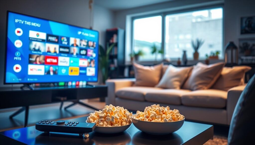A modern living room setup showcasing a high-quality IPTV experience. In the foreground, a sleek television displaying a vibrant menu interface with various streaming options. To the side, a remote control rests on a stylish coffee table with a bowl of popcorn, inviting relaxation. In the middle, a comfortable sofa features plush cushions, creating a cozy atmosphere. Natural light pours in from a large window, illuminating the space with a warm glow. In the background, soft-focus elements include shelves with books and decorative plants, conveying a sense of calm. The overall mood is inviting and contemporary, emphasizing the advantages of a reliable and legal IPTV subscription in France. A modern living room setup showcasing a high-quality IPTV experience. In the foreground, a sleek television displaying a vibrant menu interface with various streaming options. To the side, a remote control rests on a stylish coffee table with a bowl of popcorn, inviting relaxation. In the middle, a comfortable sofa features plush cushions, creating a cozy atmosphere. Natural light pours in from a large window, illuminating the space with a warm glow. In the background, soft-focus elements include shelves with books and decorative plants, conveying a sense of calm. The overall mood is inviting and contemporary, emphasizing the advantages of a reliable and legal IPTV subscription in France.