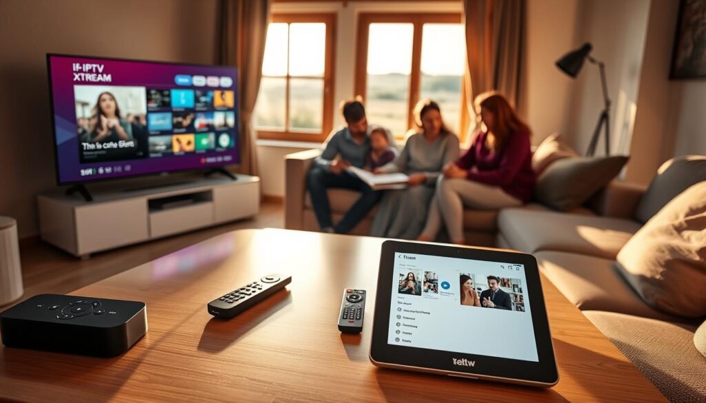 A modern living room setup showcasing a sleek television displaying an IPTV Xtream interface on the screen. In the foreground, a stylish coffee table holds a remote control and a tablet showing streaming options. The middle ground features a comfortable sofa with a family enjoying content, dressed in casual, modest clothing. Show warm lighting casting a cozy atmosphere, with soft shadows around the room. In the background, a window lets in natural light, revealing a serene view of French countryside, enhancing the calmness of the setting. The overall mood is welcoming and inviting, perfect for family entertainment and relaxation. Emphasize the blend of technology and comfort. A modern living room setup showcasing a sleek television displaying an IPTV Xtream interface on the screen. In the foreground, a stylish coffee table holds a remote control and a tablet showing streaming options. The middle ground features a comfortable sofa with a family enjoying content, dressed in casual, modest clothing. Show warm lighting casting a cozy atmosphere, with soft shadows around the room. In the background, a window lets in natural light, revealing a serene view of French countryside, enhancing the calmness of the setting. The overall mood is welcoming and inviting, perfect for family entertainment and relaxation. Emphasize the blend of technology and comfort.