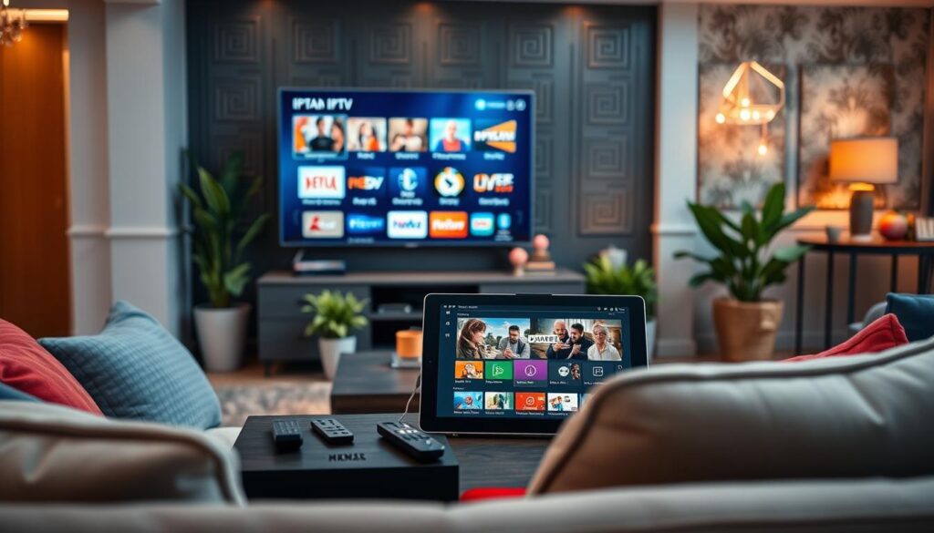 A modern living room setup showcasing a variety of IPTV applications on a sleek flat-screen TV. In the foreground, a cozy sofa adorned with colorful cushions invites relaxation. On the table, there are remote controls and a tablet displaying a user-friendly IPTV interface. In the middle ground, the lively ambiance includes potted plants and stylish decor, creating a homey feel. The background reveals a tastefully decorated wall with a soft glow from elegant lighting, enhancing the inviting atmosphere. The scene is captured from a slightly angled perspective, adding depth and dimension. The mood is relaxed and tech-savvy, ideal for enjoying entertainment with family or friends. A modern living room setup showcasing a variety of IPTV applications on a sleek flat-screen TV. In the foreground, a cozy sofa adorned with colorful cushions invites relaxation. On the table, there are remote controls and a tablet displaying a user-friendly IPTV interface. In the middle ground, the lively ambiance includes potted plants and stylish decor, creating a homey feel. The background reveals a tastefully decorated wall with a soft glow from elegant lighting, enhancing the inviting atmosphere. The scene is captured from a slightly angled perspective, adding depth and dimension. The mood is relaxed and tech-savvy, ideal for enjoying entertainment with family or friends.